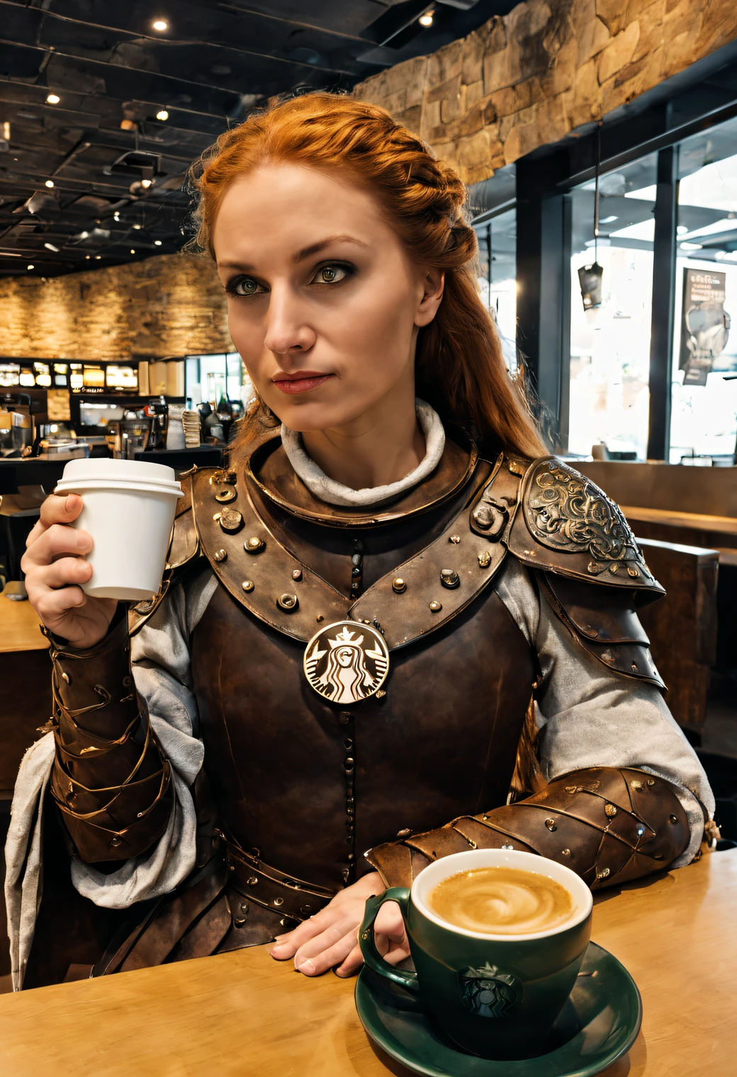 Medieval female warrior drinking coffee at Starbucks.