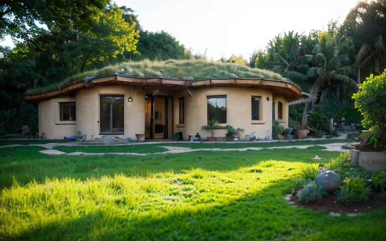 A photograph of a symmetrical contemporary round house with a buttress in high wall, and ((base stone wall foundation)) in a tropical backyard, mustard yellow terracota plaster walls (((rustic clay stucco))), ((corner walls rounded)), (((higth walls))) ((rustic clay plaster)), (((terracotta walls with rounded corners, organic curves and squared))), (((rustic earth plaster, mud))), (((green roof with wooden edge))), (((wooden roof structure, wooden rake, wooden fascia board))), eaves, ((roof with wooden structure)), In Bahia (((tropical garden))), ((natural houses, organic buildings, organic architecture)), ecovillage, sustainable architecture, bioconstruction architecture, solarpunk architecture, (((grass roof, green roof, green wave roof, rounded roof, vegetated roofs))), (((rock base foundation wall, foundation height 30cm, stone base wall 30cm high))), ((green architecture)), passive house, clear sky in the background, painful beauty, modern, imposing, green house, ((Bali hobbit Hadid Style)), super resolution, cinematic, color grading, editorial photography, photography, photo shoot, (((dramatic front eye top angle view))), O 50mm, depth of field, intricate details, natural colors, sharp focus, warm light, shutter speed 1/1000, F/22, White Balance, Ray Trace Reflections, Lumen Reflections, Screen Space Reflections, Diffraction Rating, Chromatic Aberration, GB Shift, Partial Lighting, Backlighting, Daylighting, Scan Lines, ambient occlusion, antialiasing, shaders, OpenGL-Shaders, GLSL-Shaders, Post-processing, post-production, shading, tone mapping, incredibly detailed and complex, hypermaximalist, elegant, hyperrealistic, super detailed, dynamic pose, Fujifilm XT
