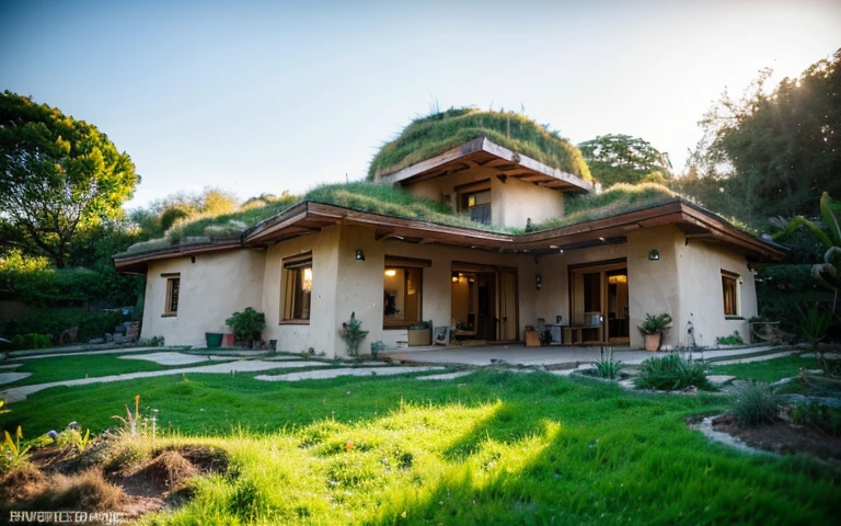 A photograph of a symmetrical contemporary round house with a buttress in high wall, and ((base stone wall foundation)) in a tropical backyard, mustard yellow terracota plaster walls (((rustic clay stucco))), ((corner walls rounded)), (((higth walls))) ((rustic clay plaster)), (((terracotta walls with rounded corners, organic curves and squared))), (((rustic earth plaster, mud))), (((green roof with wooden edge))), (((wooden roof structure, wooden rake, wooden fascia board))), eaves, ((roof with wooden structure)), In Bahia (((tropical garden))), ((natural houses, organic buildings, organic architecture)), ecovillage, sustainable architecture, bioconstruction architecture, solarpunk architecture, (((grass roof, green roof, green wave roof, rounded roof, vegetated roofs))), (((rock base foundation wall, foundation height 30cm, stone base wall 30cm high))), ((green architecture)), passive house, clear sky in the background, painful beauty, modern, imposing, green house, ((Bali hobbit Hadid Style)), super resolution, cinematic, color grading, editorial photography, photography, photo shoot, (((dramatic front eye top angle view))), O 50mm, depth of field, intricate details, natural colors, sharp focus, warm light, shutter speed 1/1000, F/22, White Balance, Ray Trace Reflections, Lumen Reflections, Screen Space Reflections, Diffraction Rating, Chromatic Aberration, GB Shift, Partial Lighting, Backlighting, Daylighting, Scan Lines, ambient occlusion, antialiasing, shaders, OpenGL-Shaders, GLSL-Shaders, Post-processing, post-production, shading, tone mapping, incredibly detailed and complex, hypermaximalist, elegant, hyperrealistic, super detailed, dynamic pose, Fujifilm XT