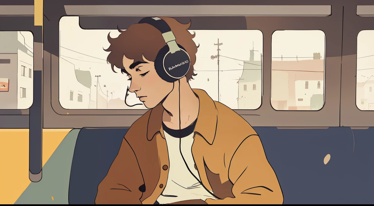 A lofi image of a boy wearing headphones listening to music while sitting on a bus