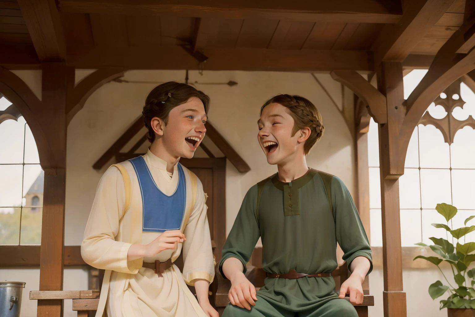 1136, Earlcastle, England. otherworldly scene in a clastle outside patio, ((((15-year-old)) Levi Miller)), laughing at a younger boy, ((((poor plain tunic from the 12th century)))), ((Hairstyle of the 12th century)), ((Wes Anderson cinematic style)), colorful