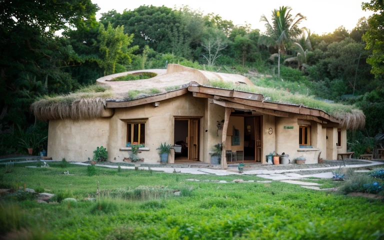 A photograph of a symmetrical contemporary round high house with a (((buttress))) in high wall, and ((base stone wall foundation)) in a tropical backyard, mustard yellow terracota plaster walls (((rustic clay stucco))), ((corner walls rounded)), (((higth walls))) ((rustic clay plaster)), (((terracotta walls with rounded corners, organic curves and squared))), (((rustic earth plaster, mud))), (((green roof with wooden edge))), (((wooden roof structure, wooden rake, wooden fascia board))), eaves, ((roof with wooden structure)), In Bahia (((tropical garden))), ((natural houses, organic buildings, organic architecture)), ecovillage, sustainable architecture, bioconstruction architecture, solarpunk architecture, (((grass roof, green roof, green wave roof, rounded roof, vegetated roofs))), (((rock base foundation wall, foundation height 30cm, stone base wall 30cm high))), ((green architecture)), passive house, clear sky in the background, painful beauty, modern, imposing, green house, ((Bali hobbit Hadid Style)), super resolution, cinematic, color grading, editorial photography, photography, photo shoot, (((dramatic front eye top angle view))), O 50mm, depth of field, intricate details, natural colors, sharp focus, warm light, shutter speed 1/1000, F/22, White Balance, Ray Trace Reflections, Lumen Reflections, Screen Space Reflections, Diffraction Rating, Chromatic Aberration, GB Shift, Partial Lighting, Backlighting, Daylighting, Scan Lines, ambient occlusion, antialiasing, shaders, OpenGL-Shaders, GLSL-Shaders, Post-processing, post-production, shading, tone mapping, incredibly detailed and complex, hypermaximalist, elegant, hyperrealistic, super detailed, dynamic pose, Fujifilm XT