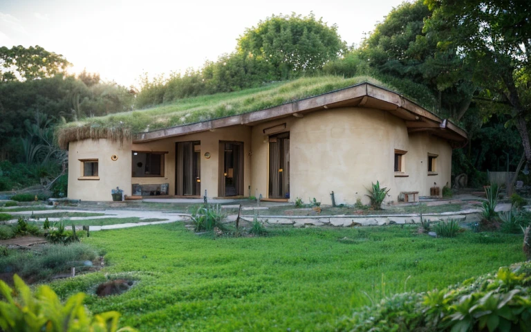 A photograph of a symmetrical contemporary round high house with a (((buttress))) in high wall, and ((base stone wall foundation)) in a tropical backyard, mustard yellow terracota plaster walls (((rustic clay stucco))), ((corner walls rounded)), (((higth walls))) ((rustic clay plaster)), (((terracotta walls with rounded corners, organic curves and squared))), (((rustic earth plaster, mud))), (((green roof with wooden edge))), (((wooden roof structure, wooden rake, wooden fascia board))), eaves, ((roof with wooden structure)), In Bahia (((tropical garden))), ((natural houses, organic buildings, organic architecture)), ecovillage, sustainable architecture, bioconstruction architecture, solarpunk architecture, (((grass roof, green roof, green wave roof, rounded roof, vegetated roofs))), (((rock base foundation wall, foundation height 30cm, stone base wall 30cm high))), ((green architecture)), passive house, clear sky in the background, painful beauty, modern, imposing, green house, ((Bali hobbit Hadid Style)), super resolution, cinematic, color grading, editorial photography, photography, photo shoot, (((dramatic front eye top angle view))), O 50mm, depth of field, intricate details, natural colors, sharp focus, warm light, shutter speed 1/1000, F/22, White Balance, Ray Trace Reflections, Lumen Reflections, Screen Space Reflections, Diffraction Rating, Chromatic Aberration, GB Shift, Partial Lighting, Backlighting, Daylighting, Scan Lines, ambient occlusion, antialiasing, shaders, OpenGL-Shaders, GLSL-Shaders, Post-processing, post-production, shading, tone mapping, incredibly detailed and complex, hypermaximalist, elegant, hyperrealistic, super detailed, dynamic pose, Fujifilm XT