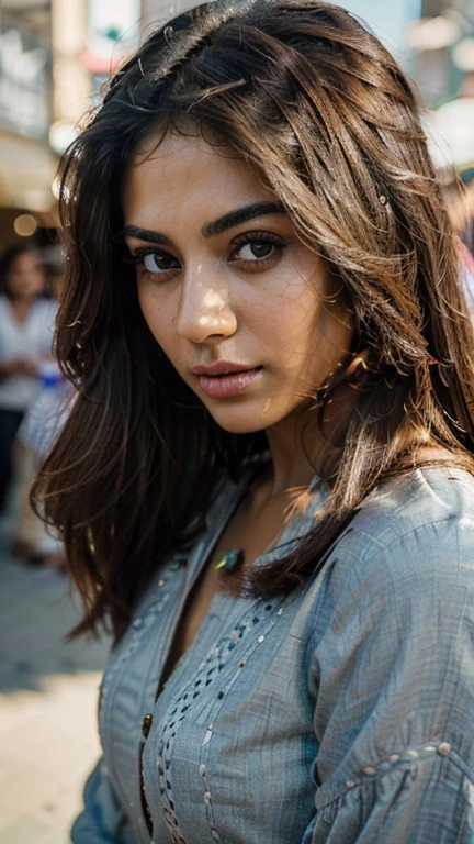 (Best quality, Ultra-detailed, Masterpiece:1.5), Photorealistic photograph of a beautiful pakistani woman .The woman should have a flawless, highly detailed face (Highly Detailed Skin) with soft, luminous skin. Her long hair should be naturally brown and stylishly arranged. (Perfect Eyes:1.2). The photography should feature high-quality film grain (ISO 400, 30mm lens RAW f1.8 aperture.