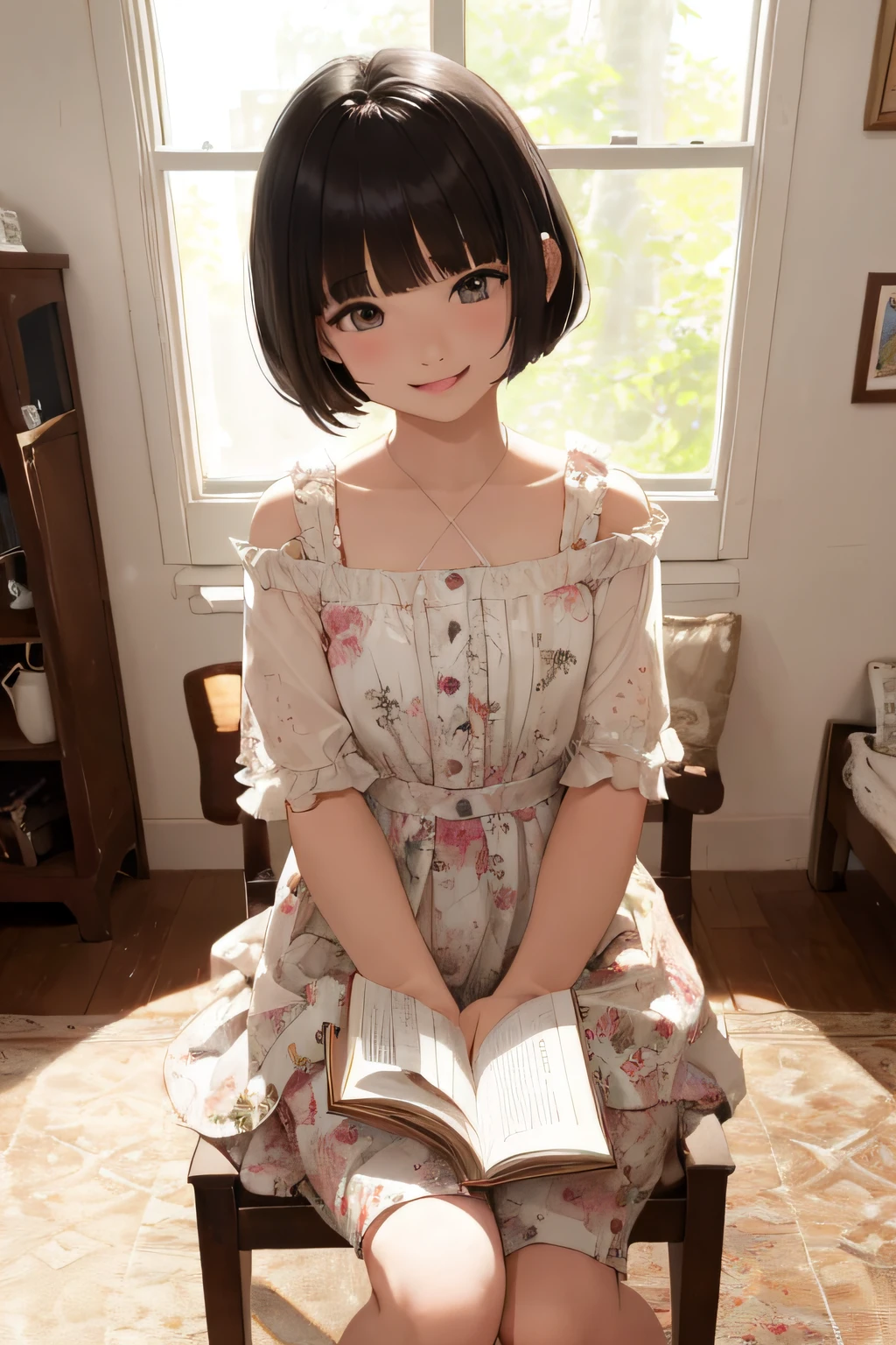 {{{{{{Sit on a chair、girl holding an open book in her hand}}}}}}、A dark-haired、Black eye、Bob cut hairstyle with even ends、Cut the bangs parallel to each other、 spring outfit、tiny chest、Happy smile、Laughing mouth、red tide、 {{{{{{Background is a girl's room}}}}}}、floral pink wallpaper、White carpet、Clean room、new furniture、hight resolution、Unity 8k壁纸、Professional、extra detailed face、Perfect Lighting、 extremely details CG、(Perfect hands、Perfect Anatomy)、Serious girl、Quiet girl、View the book