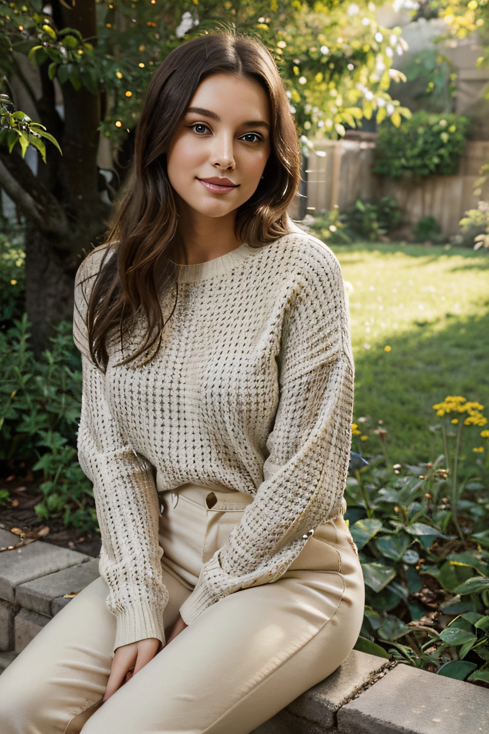 In the midst of a picturesque dense garden with flowers everywhere, bathed in the soft glow of sunlight, a very gorgeous woman, radiating beauty and charm, graces the scene as she leans against a tree(( sitting under the tree)). With her extremely cute and beautiful features, extremely nice body, cute smile, sparkling eyes, dark hair and eyes, and fair skin, she is adorned in a Fall Long Sleeve Crew Neck Striped Color Block Comfy Loose Oversized Knitted Pullover Sweater, complemented by beige-colored pants and classic white Converse Chuck Taylor sneakers.

Posing as if nature itself is her stage, the woman's cute smile and sparkling eyes convey a joyful energy. The striped color block sweater adds a touch of cozy elegance to the scene, while the beige pants and white Chuck Taylor sneakers create a harmonious blend of casual chic. The sunlight highlights the woman's features, casting a warm and flattering glow, enhancing both her natural beauty and the serene ambiance of the garden.

Captured by Annie Leibovitz, using a Nikon Z7 with a 50mm lens, the professional fashion model photography elevates the garden setting into a visual masterpiece. The careful interplay of light and shadow accentuates the woman's allure, creating a series of images that embody the perfect fusion of nature's beauty and sophisticated fashion. --v 5 --q 2, 2579001917