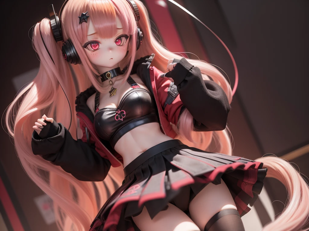 (masterpiece, 最高品質)), detailed face, Full body, full detail, high-detail, depth, Multi-part, 1girls, Girl in a skirt and headphones, :3, long-haired, bangs, multicolored hair, two-tone hair, gradient hair, Brown hair with pink tips, [[[[[[[[[pink hair]]]]]]]]], Black Bra, red skirt, pleated skirts, gloves, tights, Leg warmers, black choker, Red Eyes, star (symbol), Pictographic pupils, figurines