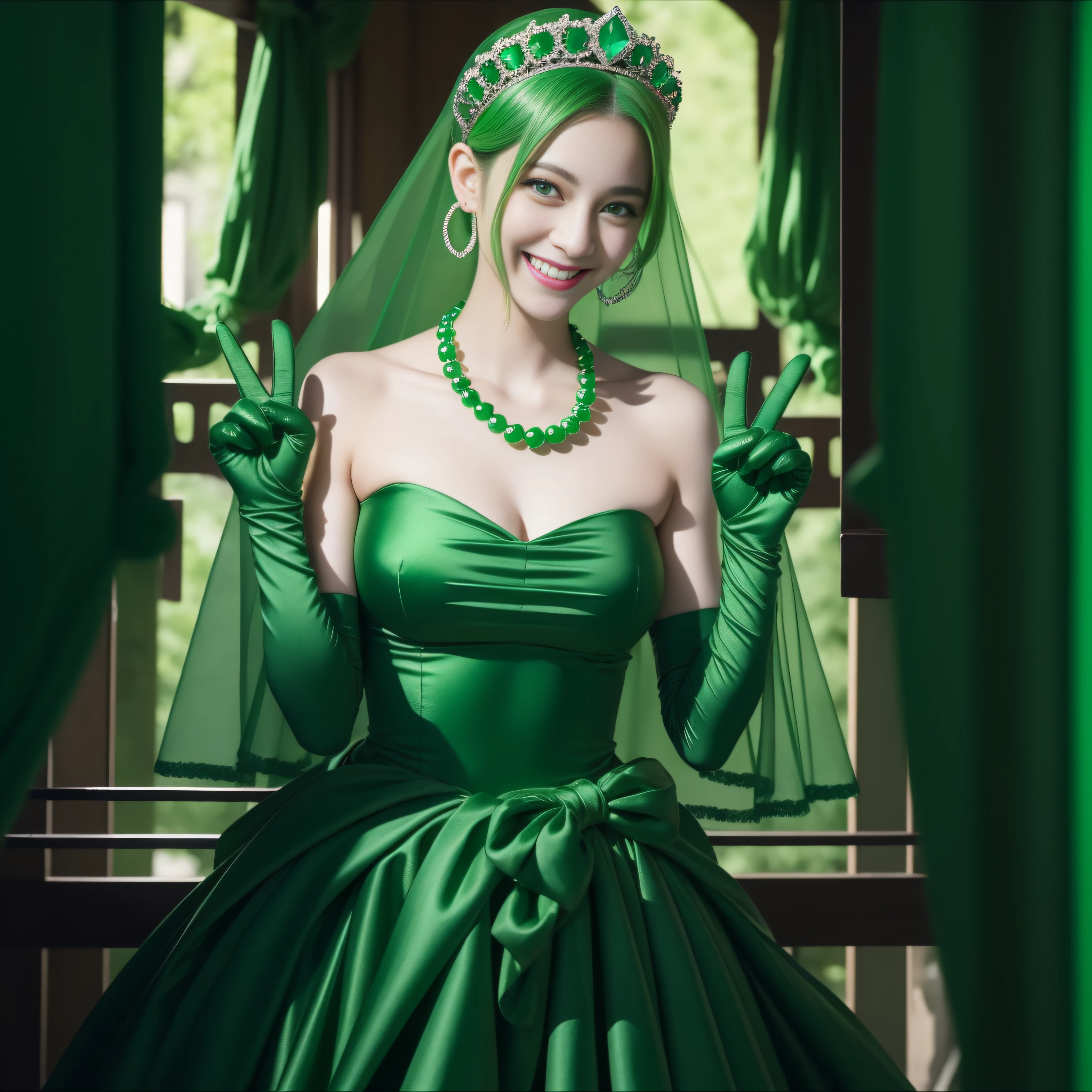 emerald tiara, Green Pearl Necklace, Boyish very short green hair, lipsticks, Japan woman smiling, very short short hair, big breasts beautiful, Green eyes, Long green gloves made of satin material, Green eyes, v sign,V-sign with both hands, Emerald Earrings, Green hair