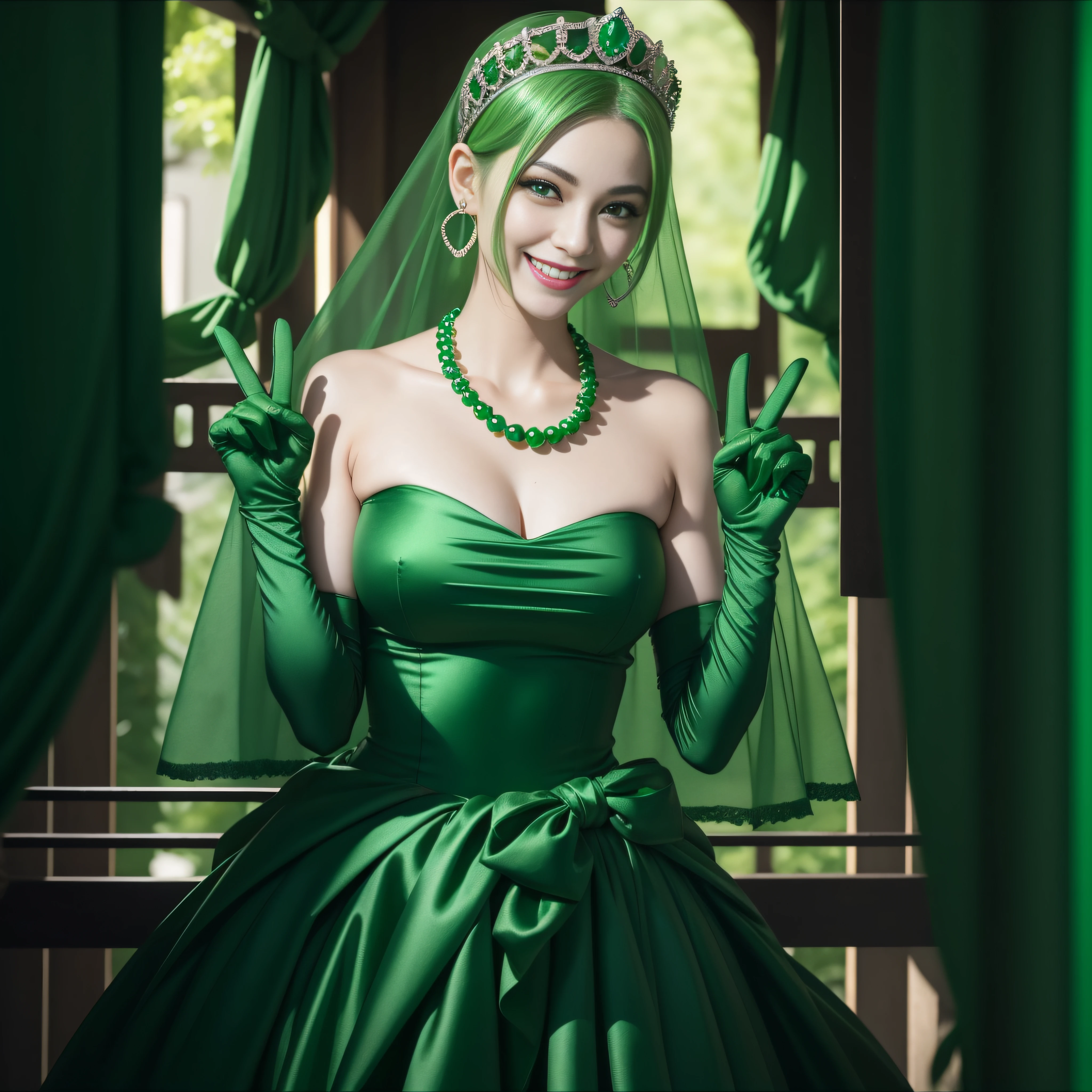 emerald tiara, Green Pearl Necklace, Boyish very short green hair, lipsticks, Japan woman smiling, very short short hair, big breasts beautiful, Green eyes, Long green gloves made of satin material, Green eyes, v sign,V-sign with both hands, Emerald Earrings, Green hair