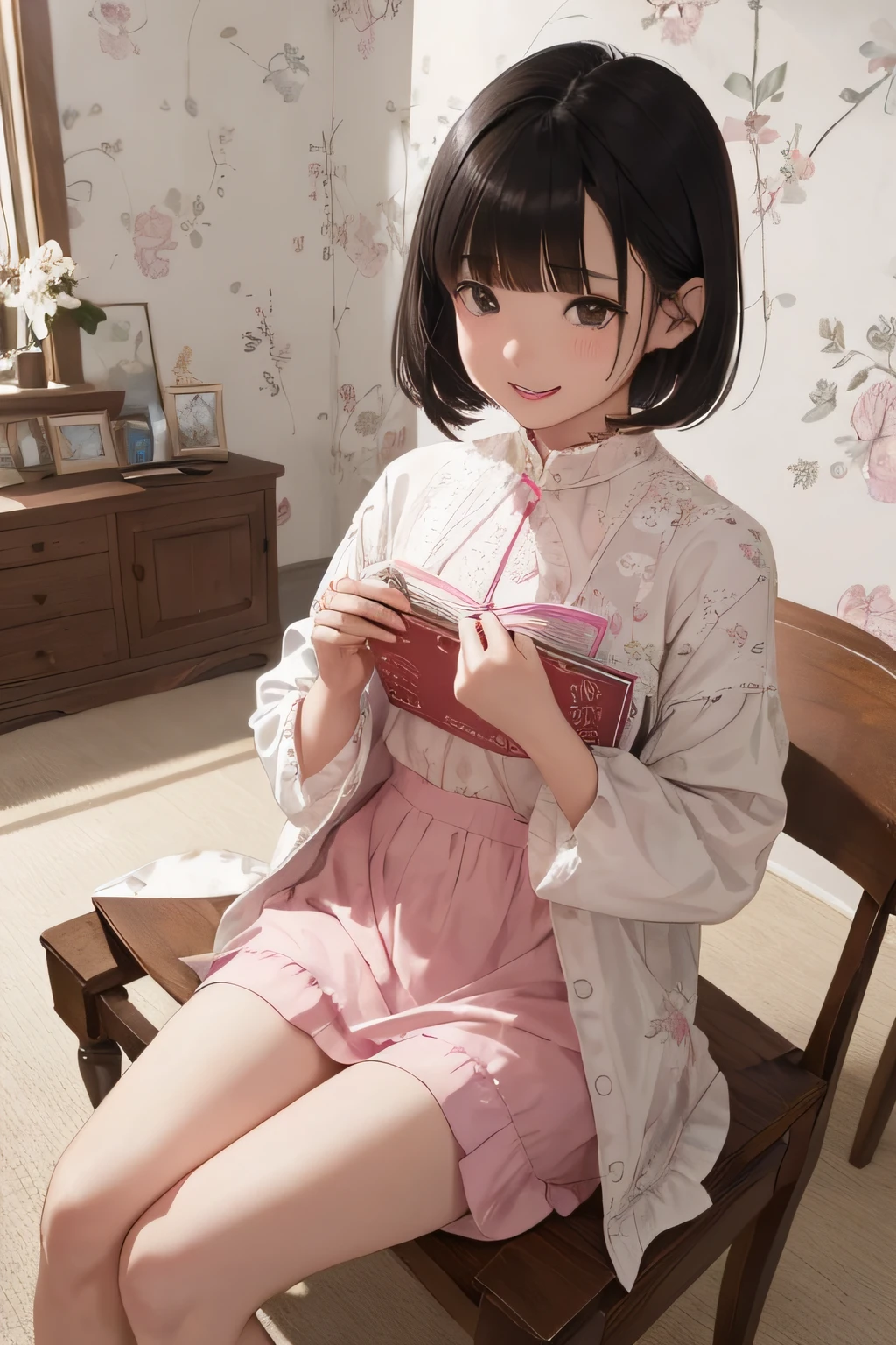 {{{{{{Sit on a chair、girl holding an open book in her hand}}}}}}、A dark-haired、Black eye、Bob cut hairstyle with even ends、Cut the bangs parallel to each other、 spring outfit、tiny chest、Happy smile、Laughing mouth、red tide、 {{{{{{Background is a girl's room}}}}}}、floral pink wallpaper、White carpet、Clean room、new furniture、hight resolution、Unity 8k壁纸、Professional、extra detailed face、Perfect Lighting、 extremely details CG、(Perfect hands、Perfect Anatomy)、Serious girl、Quiet girl、View the book