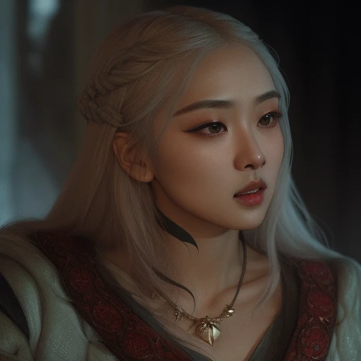 a closeup of an asian woman with a necklace looking away, Reina Medieval, Targaryen, Disparo de Juego de Tronos, as a medieval fantasy character, still from a fantasy movie, Reina luciendo enojada, Estilo de Juego de Tronos, ulzzang, maquillaje popular de Corea del Sur