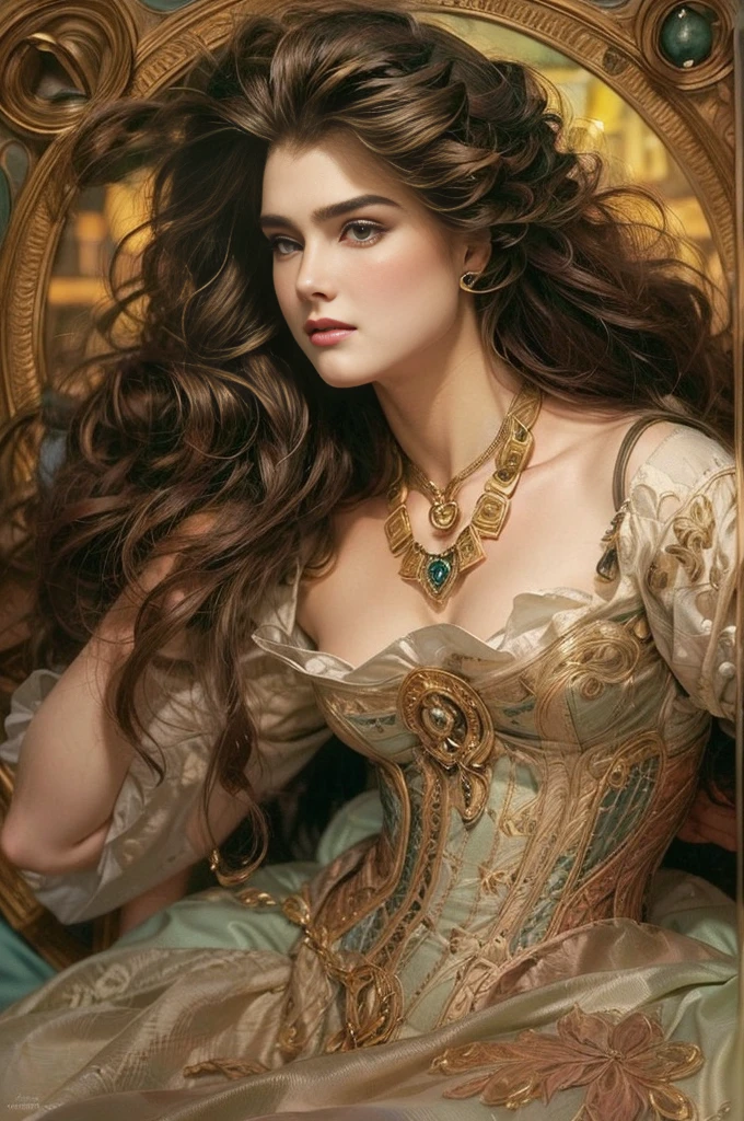 Brooke Shields youngPainting of a beautiful and sexy woman, ((with long medusa hair, falling over her shoulders)) and an embroidered dress, ((French courtesan, from the Victorian Era)), ((Brooke Shields young style)), wearing a dress low-cut and black embroidered corset, in Paris brothel background, Bowater art style, baroque digital painting, Renaissance digital painting, masterpiece! inspired by Franz Xaver Winterhalter, inspired by Friedrich von Amerling, beautiful character painting, beautiful digital painting, inspired by Thomas Lawrence, beautiful yywater painting, refraction, reflections, mirrors, prisms, sunlight, bright lights!! Intricate, elegant, highly detailed digital painting, art station, concept art, sharp, soft focus, illustration, art by ( ( ( ( Artgerm ) ) ) ) and ( Greg Rutkowski )! and (((Alphonse Mucha))), eyes reflecting in eyes reflecting to infinity