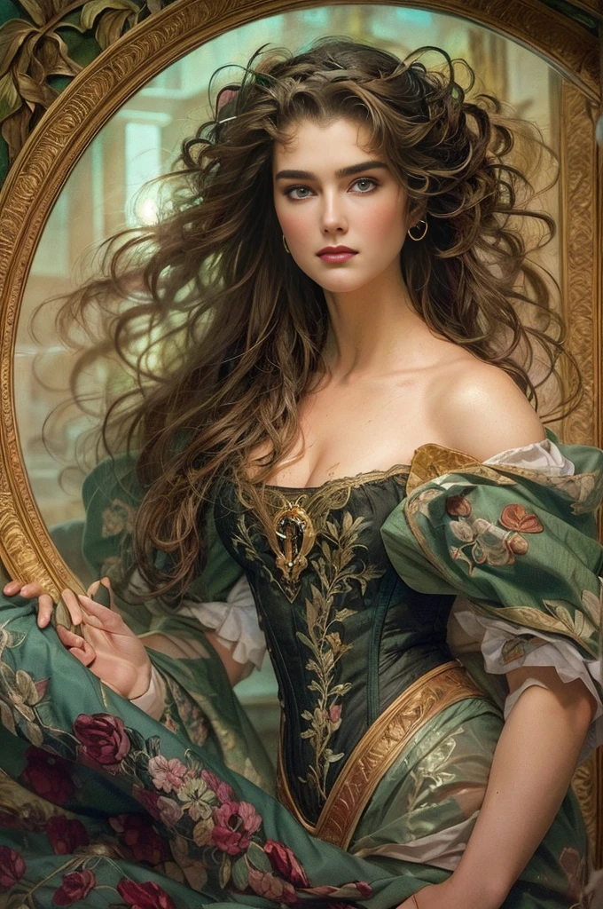 Brooke Shields youngPainting of a beautiful and sexy woman, ((with long medusa hair, falling over her shoulders)) and an embroidered dress, ((French courtesan, from the Victorian Era)), ((Brooke Shields young style)), wearing a dress low-cut and black embroidered corset, in Paris brothel background, Bowater art style, baroque digital painting, Renaissance digital painting, masterpiece! inspired by Franz Xaver Winterhalter, inspired by Friedrich von Amerling, beautiful character painting, beautiful digital painting, inspired by Thomas Lawrence, beautiful yywater painting, refraction, reflections, mirrors, prisms, sunlight, bright lights!! Intricate, elegant, highly detailed digital painting, art station, concept art, sharp, soft focus, illustration, art by ( ( ( ( Artgerm ) ) ) ) and ( Greg Rutkowski )! and (((Alphonse Mucha))), eyes reflecting in eyes reflecting to infinity