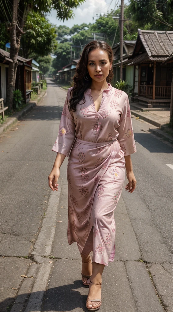 A 41 year old woman has a flat nose, wide forehead, thick lower lips, half curly hair, slightly oval face, wearing a kebaya, wearing batik cloth, walking on the village road.