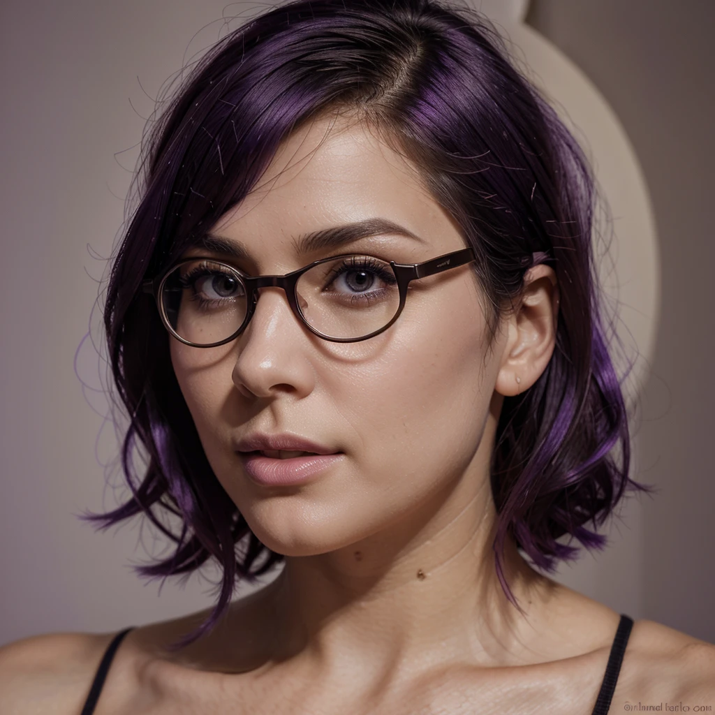 best quality,ultra-detailed,realistic:1.37,masterpiece:1.2,professional,portrait,beautiful detailed eyes,beautiful lips,extremely detailed face,long eyelashes,(mature female),(goddess),short hair,((purple hair)),glasses,stylish attire,confident expression,soft background,luxurious setting,hint of mystery,subtle smile,sharp focus,studio lighting,vivid colors