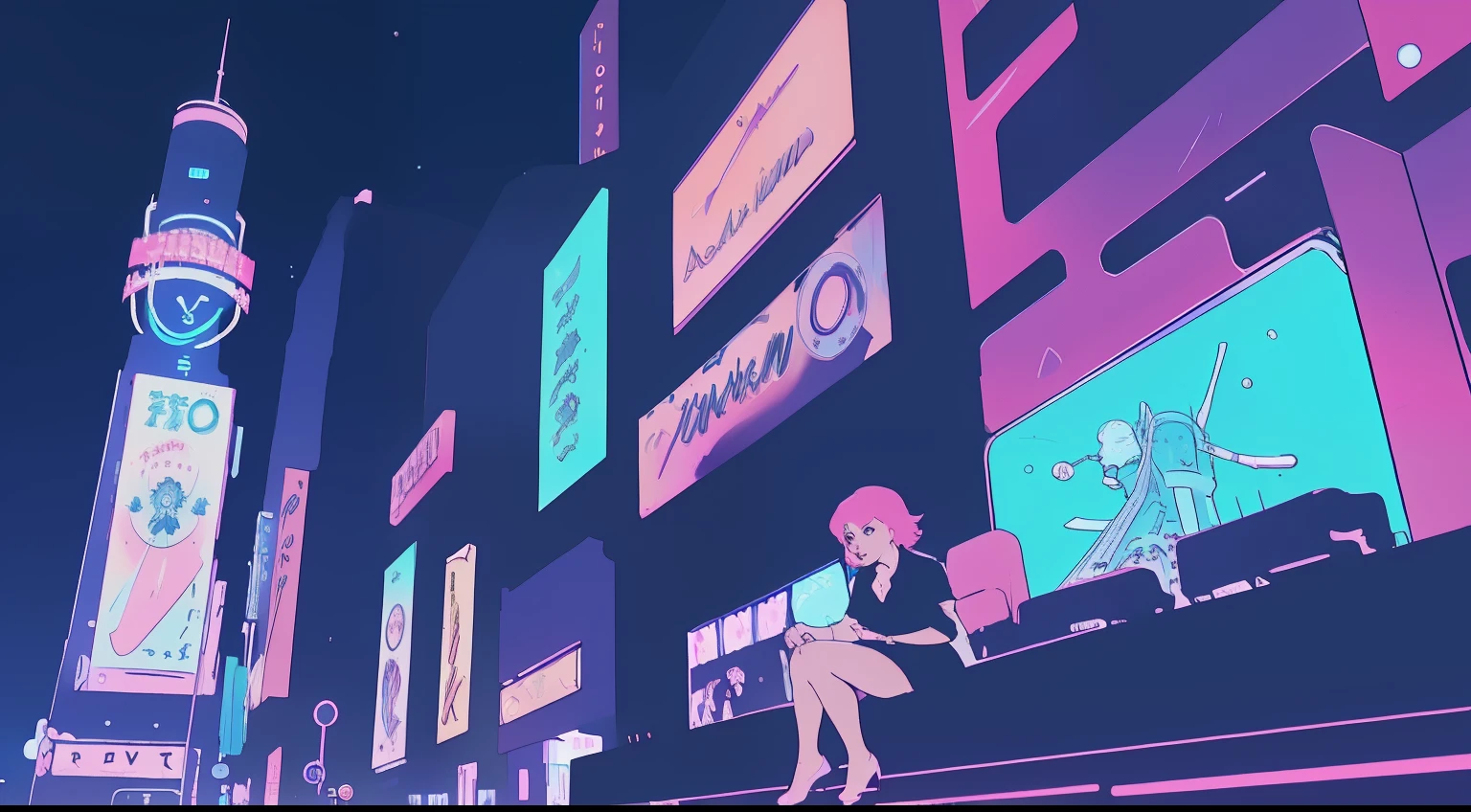 anime screenshot woman sitting on skyscraper night scene neon lights