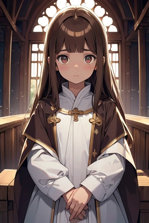 top-quality, Top image quality, Brown hair, Girls have long hair, straight, Brown eyes, childish, White monastic vestments, 10yaers old, shush, drooing eyes,