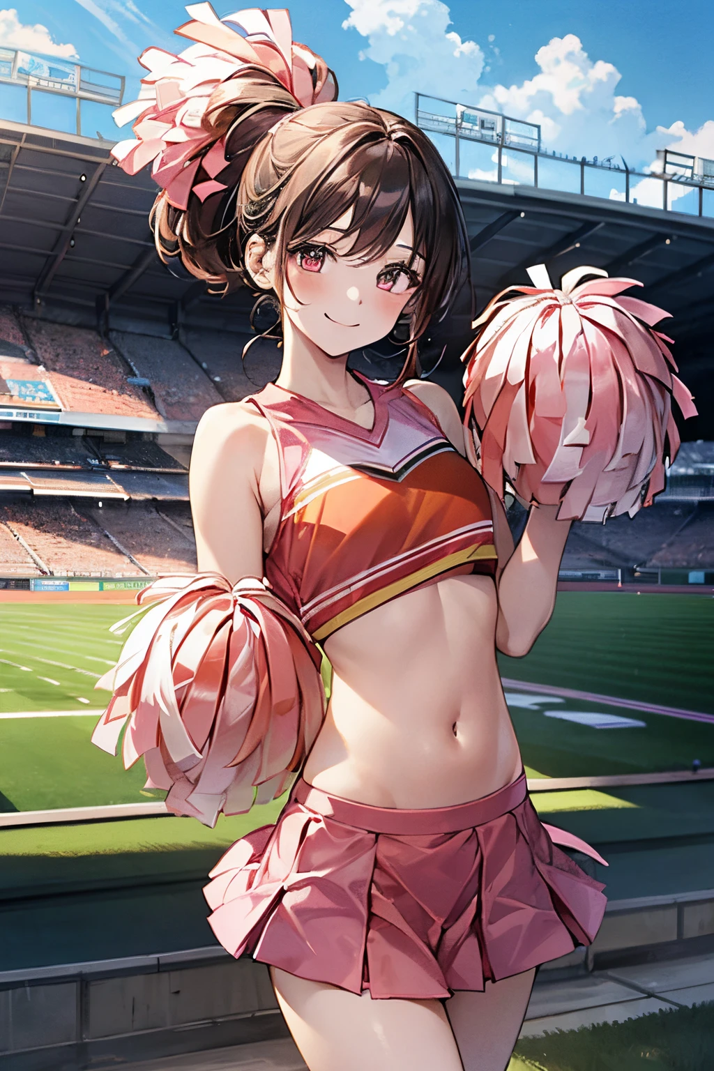 1 girl, Japanese, 14 years old, White Skin Skin, middle chest, Watching the view, (Smile:1.5),
beautiful detailed hair up to the middle of the eyes:1.4, Parted bangs, straight hair:1.7), (bellybutton:1.1), brown hair,
(Current pink cheerleading style:1.5), Sports table top, displayed in the center, hands up, holding orange pompoms, Jumping,
(beautiful landscape), DAY TIME, (stadium:1.5),
(8K, topquality, tmasterpiece), beautiful illustration, Cowboy shot,