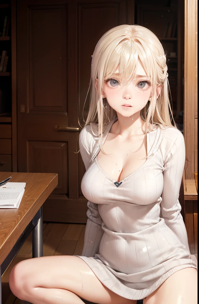 1girl in, POV, 1boy, between breasts, , Sweat, cleavage, , , Room, full of sweat, Large breasts, motion line, motion-blur, Warm summer, white shirt,Precise features and delicate expressions,huge breasts are wet,Very beautiful woman,、((trembling))、(Slim and thick ),Toned body、Composition of the whole body、Perfect human body、(((Oil,gleaming skin、realistic skin textures、Detailed beautiful skin、Shiny skin、shiny white skin)))、Boy's room、Study guidance by a private tutor、reward、darkened room、Studying、((Vertical ribbed sweater dress with open neckline)), Holding a red pen、Spread your legs in front of you、Embarrassing and embarrassed face、astonished face、write on the body with a pen、Someone else's hand writing mathematical formulas on the body