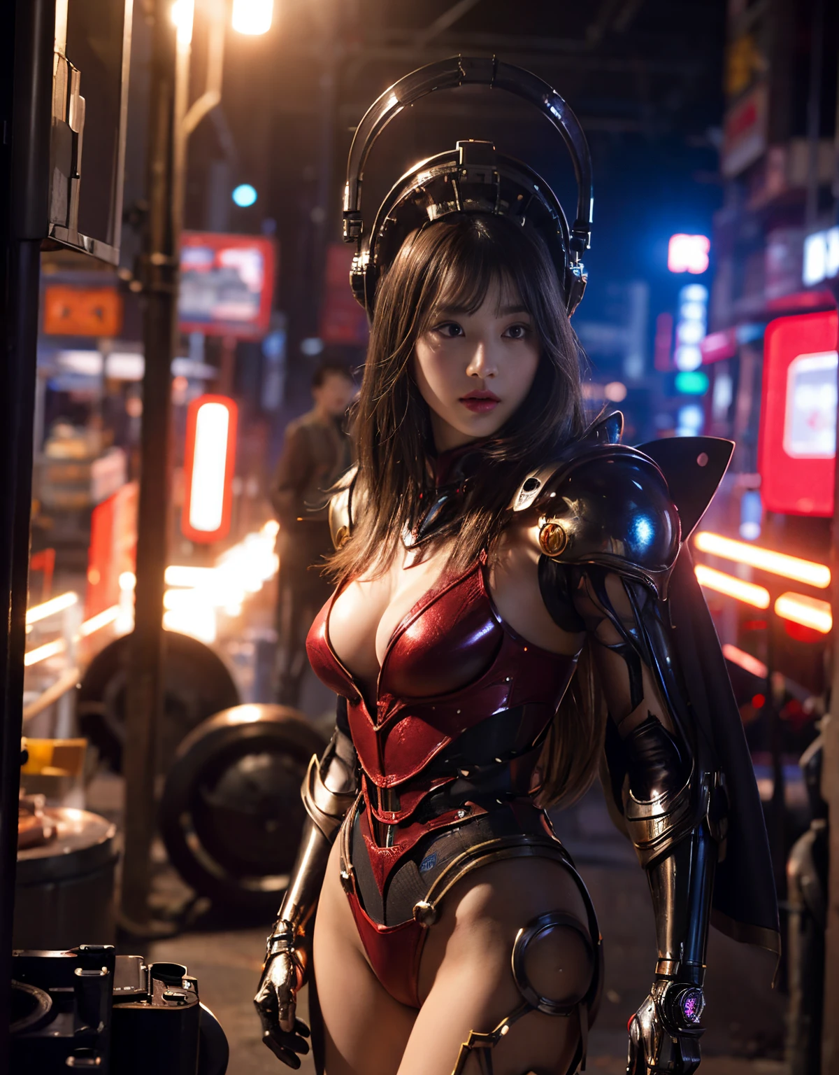 (Skimpy mechanical girl and alien background)、(Mystical expression)、top-quality、masterpiece、超A high resolution、(Photorealsitic:1.4)、Raw photo、1人、glowy skin、(((1 Mechanical Girl)))、(Red Metal Bodysuit)、(Natural alien background to fight aliens)、(Small LED)、((super realistic details))、vertical giant monster background),globalillumination、Shadow、octan render、8K、ultrasharp、Robot background、Colossal tits、Raw skin exposed in the cleavage、red metal、Details of complex ornaments、Japan details、highly intricate detail、Realistic light、(Mystical expression),CG Society Trenlow Eyes、Eyes shining towards the camera、Mechanical marginal blood vessels connected to neon detail tubes)、(Wires and cables connecting to the head)、Small LED、,Mechanical thighs、Toostock、(Hands are also made of machines)、机器人、future alien、Please wear a mechanical helmet、