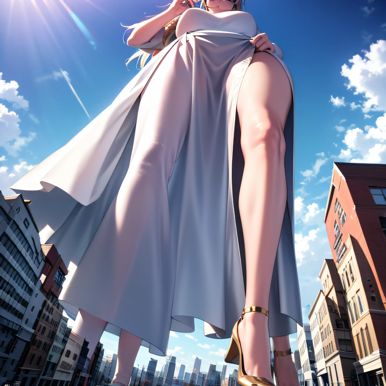 Multiple girls, giantess art, highly detailed giantess shot, der riese, super giant princess, Shorthair, Giant woman bigger than a skyscraper, Wearing rimless glasses, Colossal tits, Big ass, white luxury white dress, White pantyhose, shoes: high heel white sandals, very small metropolis, miniature metropolis, Full body depiction。nffsw, der riese, Small town,micro city,