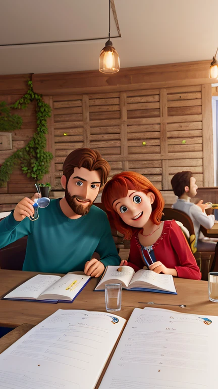 Crée une illustration de style Disney Pixar représentant un homme brun à la barbe soignée, portant un t-shirt vert de la marque Element, assis à une table de restaurant lumineux. À sa gauche, sa meilleure amie, une jeune femme aux cheveux bruns attachés en une queue de cheval, porte un débardeur rouge. Tous deux regardent la caméra avec des sourires chaleureux, sans montrer leurs dents, exprimer une amitié profonde. Ils sont capturés dans un moment complice, partager un menu commun posé sur la table entre eux. L'atmosphère est joyeuse et chaleureuse, capturant l'instant magique d'une amitié sincère et durable