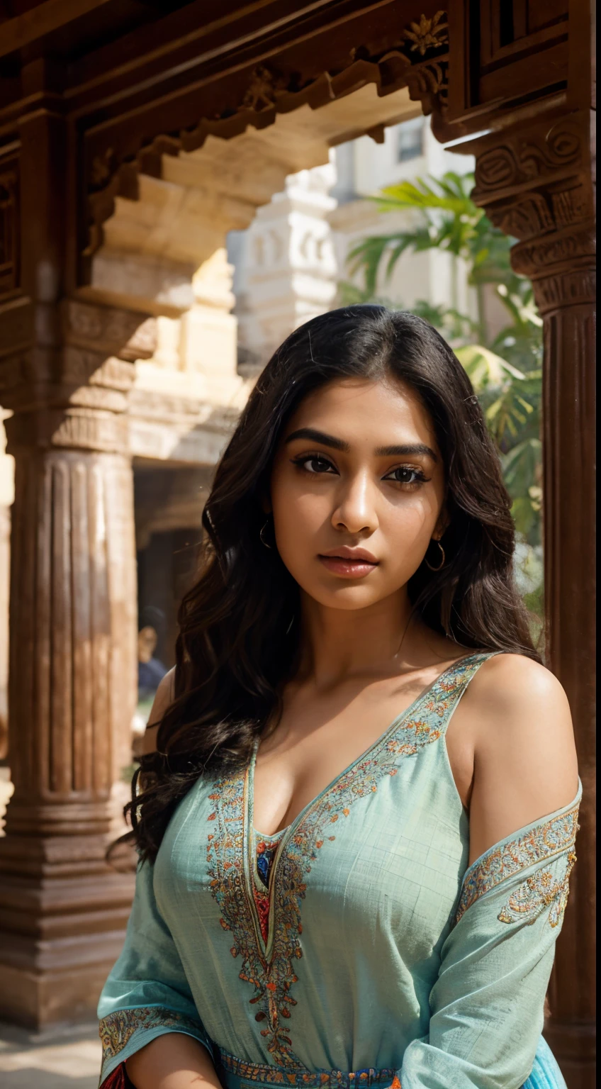 ultra-realistic photographs,Indian Instagram female model,mid 20s,9:16,mid-shot,beautiful detailed eyes,detailed lips,longeyelashes,black curly hair,naturally full eyebrows,perfectly formed nose,expressive face,attractive appearance,confident and elegant posture,graceful movement,vibrant and colorful dress,rich and intricate embroidery,temple background,serene and spiritual atmosphere,stunning architecture,divine sculptures,soft and natural lighting,vivid colors,photorealistic,HDR,highres,studio lighting,ultra-detailed,bokeh