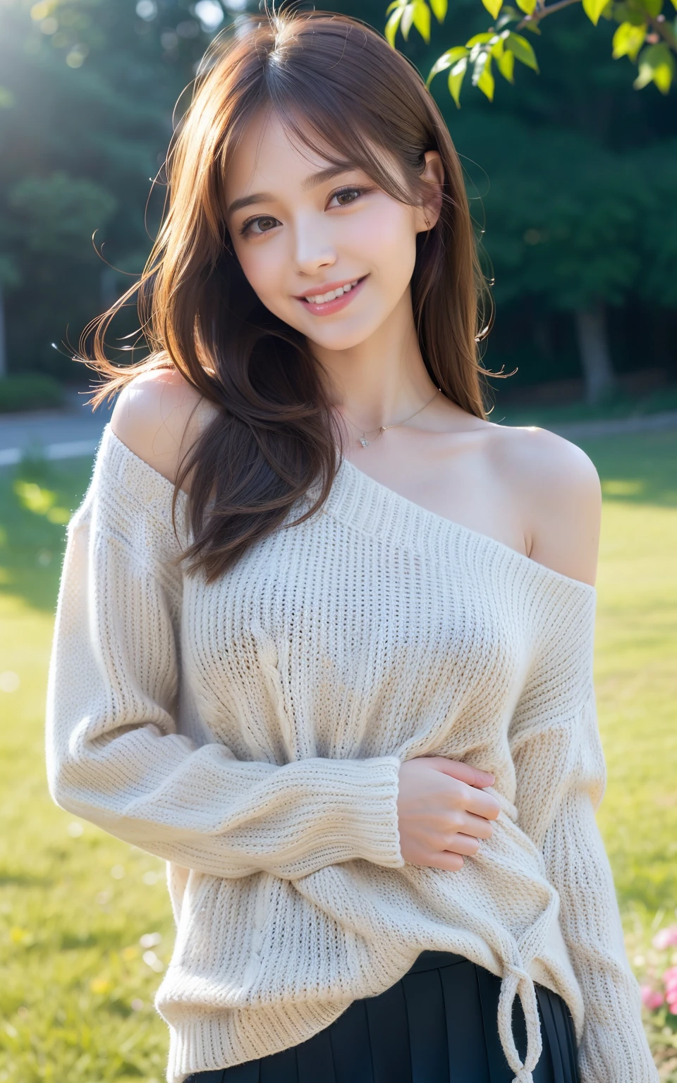 (Raw photo, Best Quality), (Realistic, Photorealsitic:1.3), masutepiece, Extremely delicate and beautiful, Soft light, (Brown hair, Shoulder-length straight hair swaying in the wind), Beautiful detailed girl, (Precise fingers, detailed eyes and face, beautiful detailed nose, Beautiful detailed eyes, 1 girl, Japanese, Neat and clean beauty, Cute, 年轻, Smile, Sweaters, Skirt, (Half body:1.3), (medium breasts), Realistic face, Realistic body, Outdoors、knit long sleeve sweater、A big smile