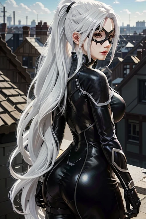 (Masterpiece, Best Quality) MarvelBlackCat, 1girl, 独奏, Long hair, white colored hair, mask, pony tail, seductive, At the back, Looking Back, on top of houses, ultra realistis, Concept art, intricate details, Highly detailed, Photorealistic, Office Customization Tool (OCT)