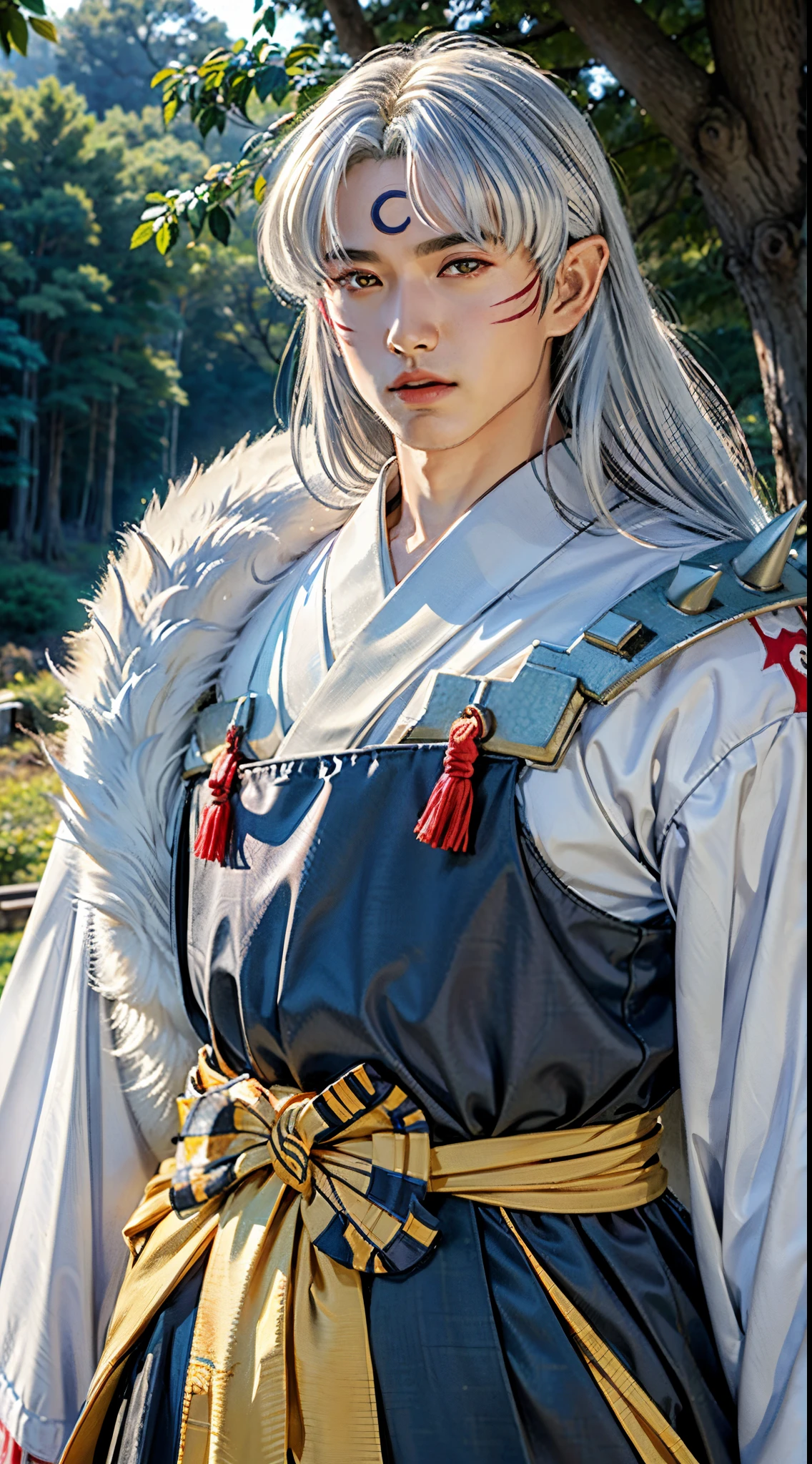 (a mature man),  sesshomaru, ((upper body, head turned to the side)), japanese forest with a shrine in the background,daytime, standing,