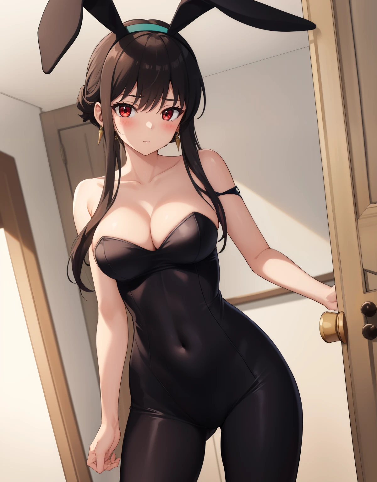 Yor_Forger, 1girl, solo, long hair, looking at viewer, blush, large breasts, black hair, red eyes, navel, jewelry, closed mouth, collarbone, long untied hair, free hair,, hairband, earrings,  ,standing, bunny ear, bunny suit, cleavage, panties, medium breasts, 
,  masterpiece, best quality, highly detailed, indoors
 extremely detailed hair, shiny hair, disheveled hair,  masterpiece, best quality,, (waifu, anime, exceptional, best aesthetic, new, newest, best quality, masterpiece, extremely detailed:1.2),