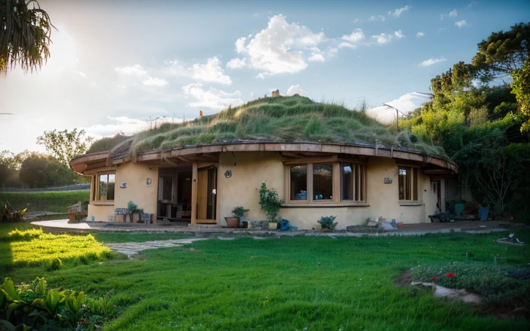 A photograph of a symmetrical contemporary round high house, (((buttress in high wall))), ((stone foundation wall)), in a tropical backyard, mustard yellow terracota plaster walls (((rustic clay stucco))), ((corner walls rounded)), (((higth walls))) ((rustic clay plaster)), (((terracotta walls with rounded corners, organic curves and squared))), (((rustic earth plaster, mud))), (((green roof with wooden edge))), (((wooden roof structure, wooden rake, wooden fascia board))), eaves, ((roof with wooden structure)), In Bahia (((tropical garden))), ((natural houses, organic buildings, organic architecture)), ecovillage, sustainable architecture, bioconstruction architecture, solarpunk architecture, (((grass roof, green roof, green wave roof, rounded roof, vegetated roofs))), (((rock base foundation wall, foundation height 30cm, stone base wall 30cm high))), ((green architecture)), passive house, clear sky in the background, painful beauty, modern, imposing, green house, ((Bali hobbit Hadid Style)), super resolution, cinematic, color grading, editorial photography, photography, photo shoot, (((dramatic front eye top angle view))), O 50mm, depth of field, intricate details, natural colors, sharp focus, warm light, shutter speed 1/1000, F/22, White Balance, Ray Trace Reflections, Lumen Reflections, Screen Space Reflections, Diffraction Rating, Chromatic Aberration, GB Shift, Partial Lighting, Backlighting, Daylighting, Scan Lines, ambient occlusion, antialiasing, shaders, OpenGL-Shaders, GLSL-Shaders, Post-processing, post-production, shading, tone mapping, incredibly detailed and complex, hypermaximalist, elegant, hyperrealistic, super detailed, dynamic pose, Fujifilm XT