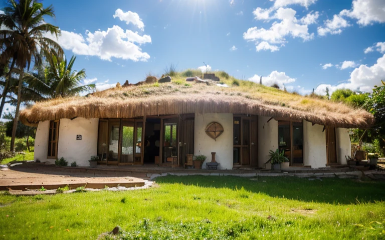 A photograph of a symmetrical contemporary round high house, (((buttress in high wall))), ((stone foundation wall)), in a tropical backyard, mustard yellow terracota plaster walls (((rustic clay stucco))), ((corner walls rounded)), (((higth walls))) ((rustic clay plaster)), (((terracotta walls with rounded corners, organic curves and squared))), (((rustic earth plaster, mud))), (((green roof with wooden edge))), (((wooden roof structure, wooden rake, wooden fascia board))), eaves, ((roof with wooden structure)), In Bahia (((tropical garden))), ((natural houses, organic buildings, organic architecture)), ecovillage, sustainable architecture, bioconstruction architecture, solarpunk architecture, (((grass roof, green roof, green wave roof, rounded roof, vegetated roofs))), (((rock base foundation wall, foundation height 30cm, stone base wall 30cm high))), ((green architecture)), passive house, clear sky in the background, painful beauty, modern, imposing, green house, ((Bali hobbit Hadid Style)), super resolution, cinematic, color grading, editorial photography, photography, photo shoot, (((dramatic front eye top angle view))), O 50mm, depth of field, intricate details, natural colors, sharp focus, warm light, shutter speed 1/1000, F/22, White Balance, Ray Trace Reflections, Lumen Reflections, Screen Space Reflections, Diffraction Rating, Chromatic Aberration, GB Shift, Partial Lighting, Backlighting, Daylighting, Scan Lines, ambient occlusion, antialiasing, shaders, OpenGL-Shaders, GLSL-Shaders, Post-processing, post-production, shading, tone mapping, incredibly detailed and complex, hypermaximalist, elegant, hyperrealistic, super detailed, dynamic pose, Fujifilm XT