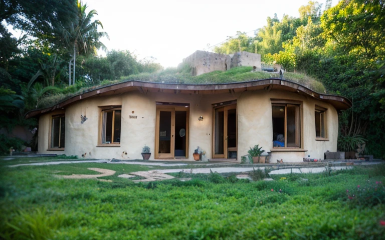 A photograph of a symmetrical contemporary round high house, (((buttress in high wall))), ((stone foundation wall)), in a tropical backyard, mustard yellow terracota plaster walls (((rustic clay stucco))), ((corner walls rounded)), (((higth walls))) ((rustic clay plaster)), (((terracotta walls with rounded corners, organic curves and squared))), (((rustic earth plaster, mud))), (((green roof with wooden edge))), (((wooden roof structure, wooden rake, wooden fascia board))), eaves, ((roof with wooden structure)), In Bahia (((tropical garden))), ((natural houses, organic buildings, organic architecture)), ecovillage, sustainable architecture, bioconstruction architecture, solarpunk architecture, (((grass roof, green roof, green wave roof, rounded roof, vegetated roofs))), (((rock base foundation wall, foundation height 30cm, stone base wall 30cm high))), ((green architecture)), passive house, clear sky in the background, painful beauty, modern, imposing, green house, ((Bali hobbit Hadid Style)), super resolution, cinematic, color grading, editorial photography, photography, photo shoot, (((dramatic front eye top angle view))), O 50mm, depth of field, intricate details, natural colors, sharp focus, warm light, shutter speed 1/1000, F/22, White Balance, Ray Trace Reflections, Lumen Reflections, Screen Space Reflections, Diffraction Rating, Chromatic Aberration, GB Shift, Partial Lighting, Backlighting, Daylighting, Scan Lines, ambient occlusion, antialiasing, shaders, OpenGL-Shaders, GLSL-Shaders, Post-processing, post-production, shading, tone mapping, incredibly detailed and complex, hypermaximalist, elegant, hyperrealistic, super detailed, dynamic pose, Fujifilm XT