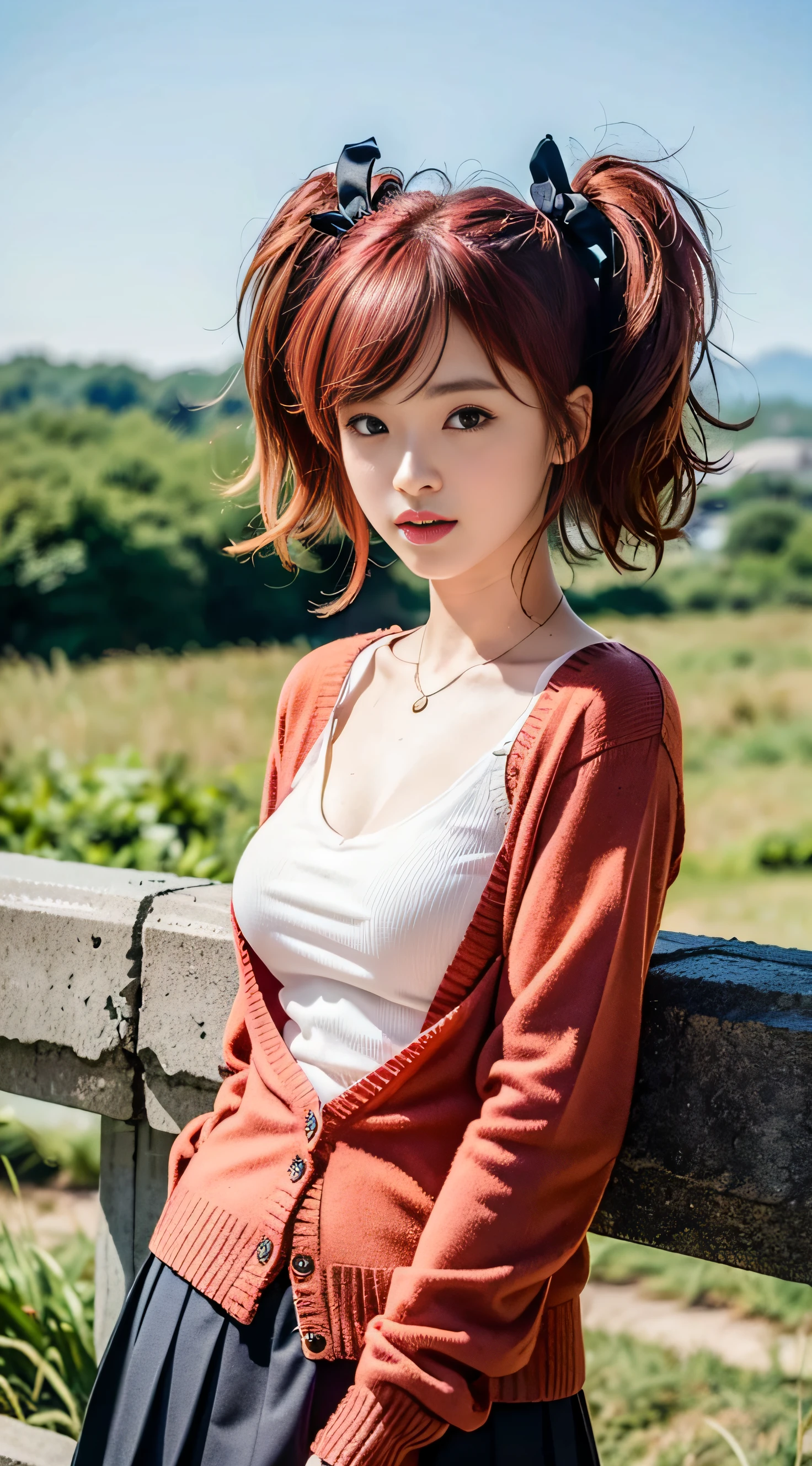 japanes、20yr old、large full breasts、((redhair、Dark red cardigan、Twin-tailed、Black pleated skirt))(8K, Raw photo, top-quality, masterpiece: 1.2), masterpiece, super detailing,, (Realistic and realistic photos: 1.37), high-definition RAW color photography, Very delicate and beautiful