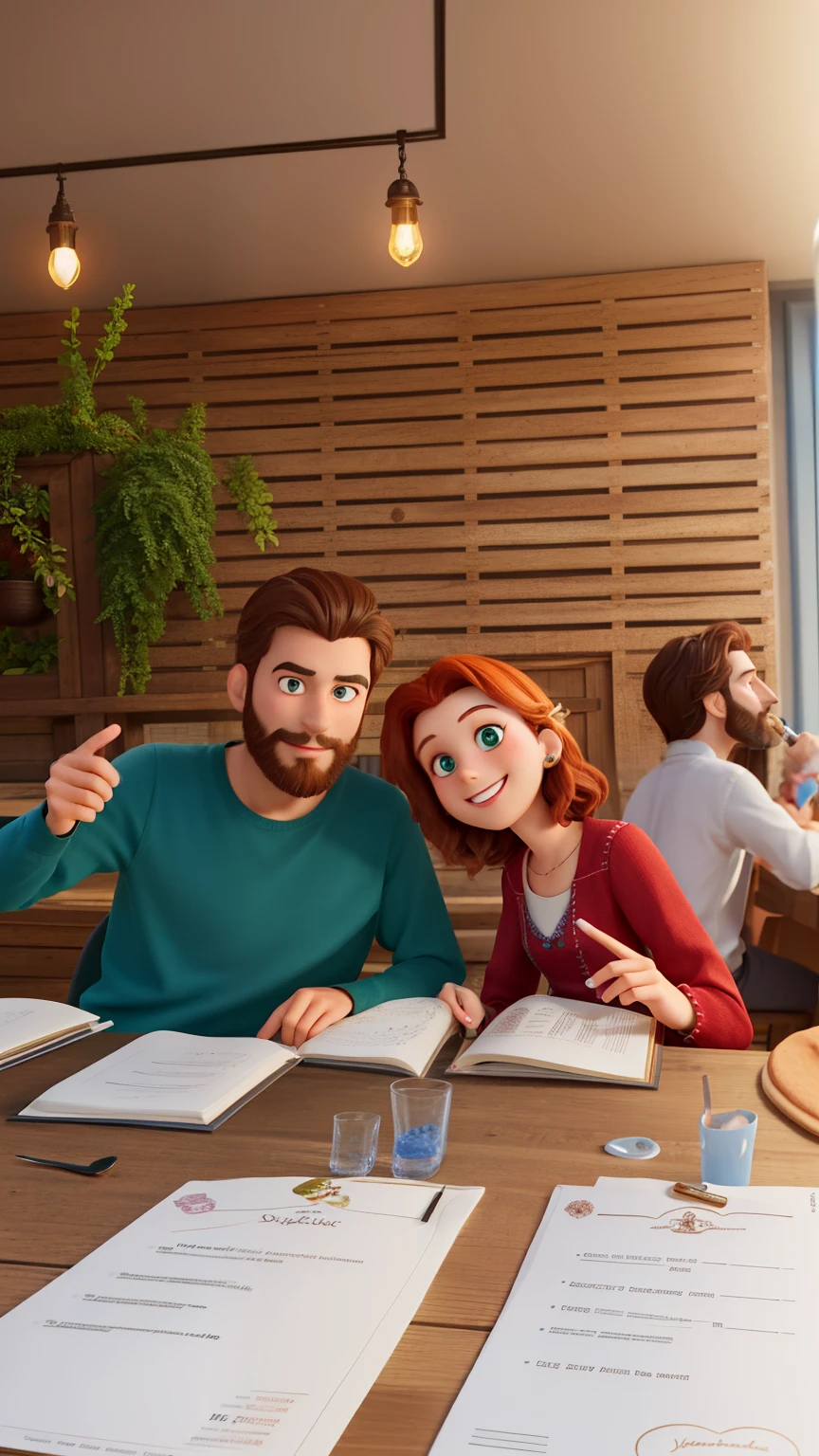 Crée une illustration de style Disney Pixar représentant un homme brun à la barbe soignée, portant un t-shirt vert de la marque Element, assis à une table de restaurant lumineux. À sa gauche, sa meilleure amie, une jeune femme aux cheveux noirs attachés en une queue de cheval, porte un débardeur rouge. Tous deux regardent la caméra avec des sourires chaleureux, sans montrer leurs dents, exprimant une amitié profonde. Ils sont capturés dans un moment complice, partageant un menu commun posé sur la table entre eux. L'atmosphère est joyeuse et chaleureuse, capturant l'instant magique d'une amitié sincère et durable