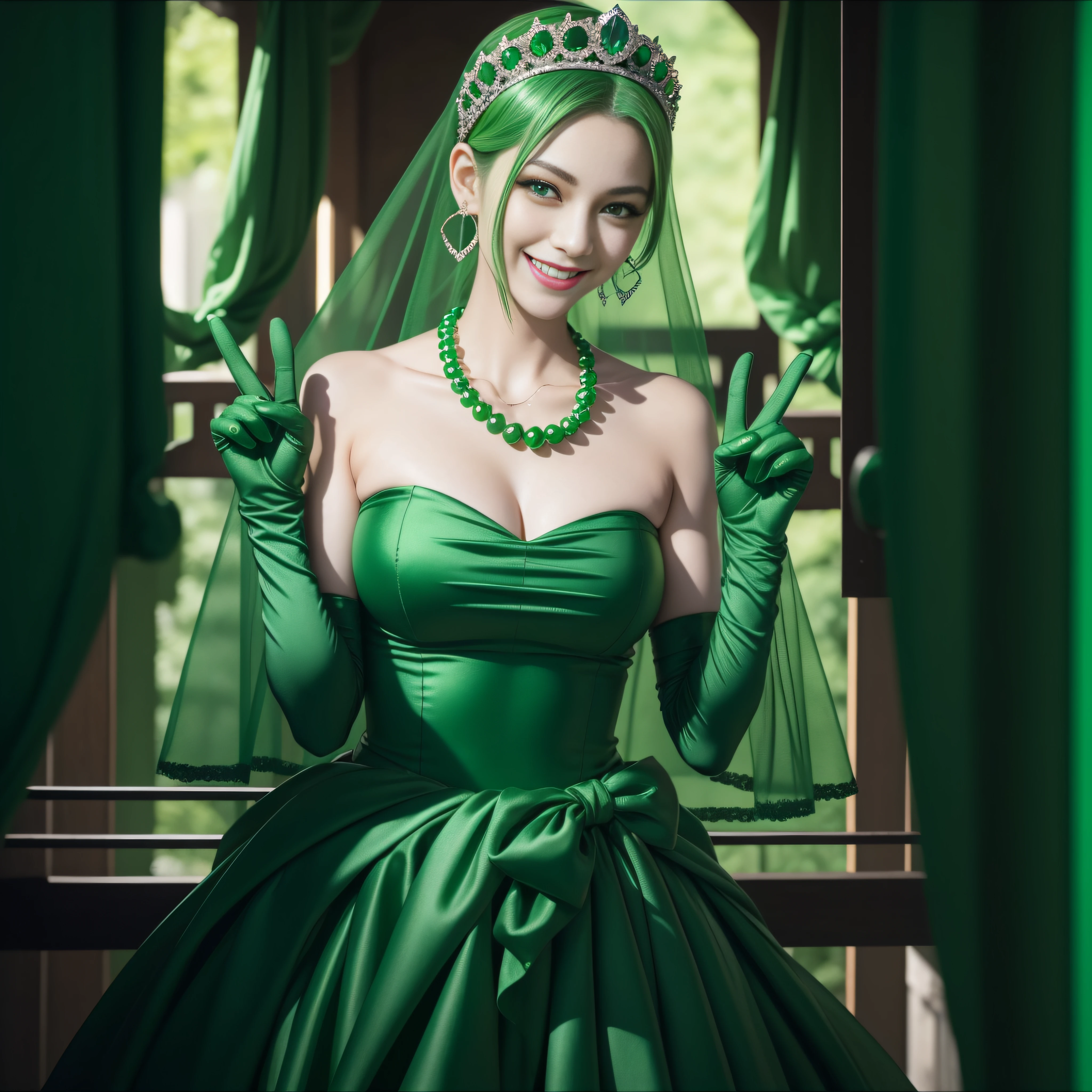 emerald tiara, Green Pearl Necklace, Boyish very short green hair, lipsticks, Japan woman smiling, very short short hair, big breasts beautiful, Green eyes, Long green gloves made of satin material, Green eyes, v sign,V-sign with both hands, Emerald Earrings, Green hair