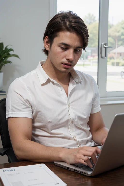 A young man, 35years old, good looking, with a short haircut, wearing white shirt, Works on a laptop,