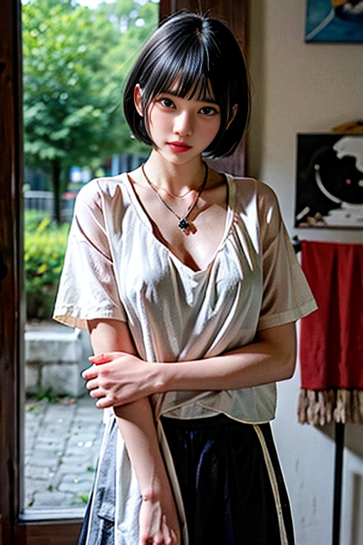 short hair girl,wearing a black swan necklace,White background with colorful oil painting,largeeyes,Wear a black shirt,Colorful flower petals are painted on the clothes.,A little angry,look at the camera inside the house