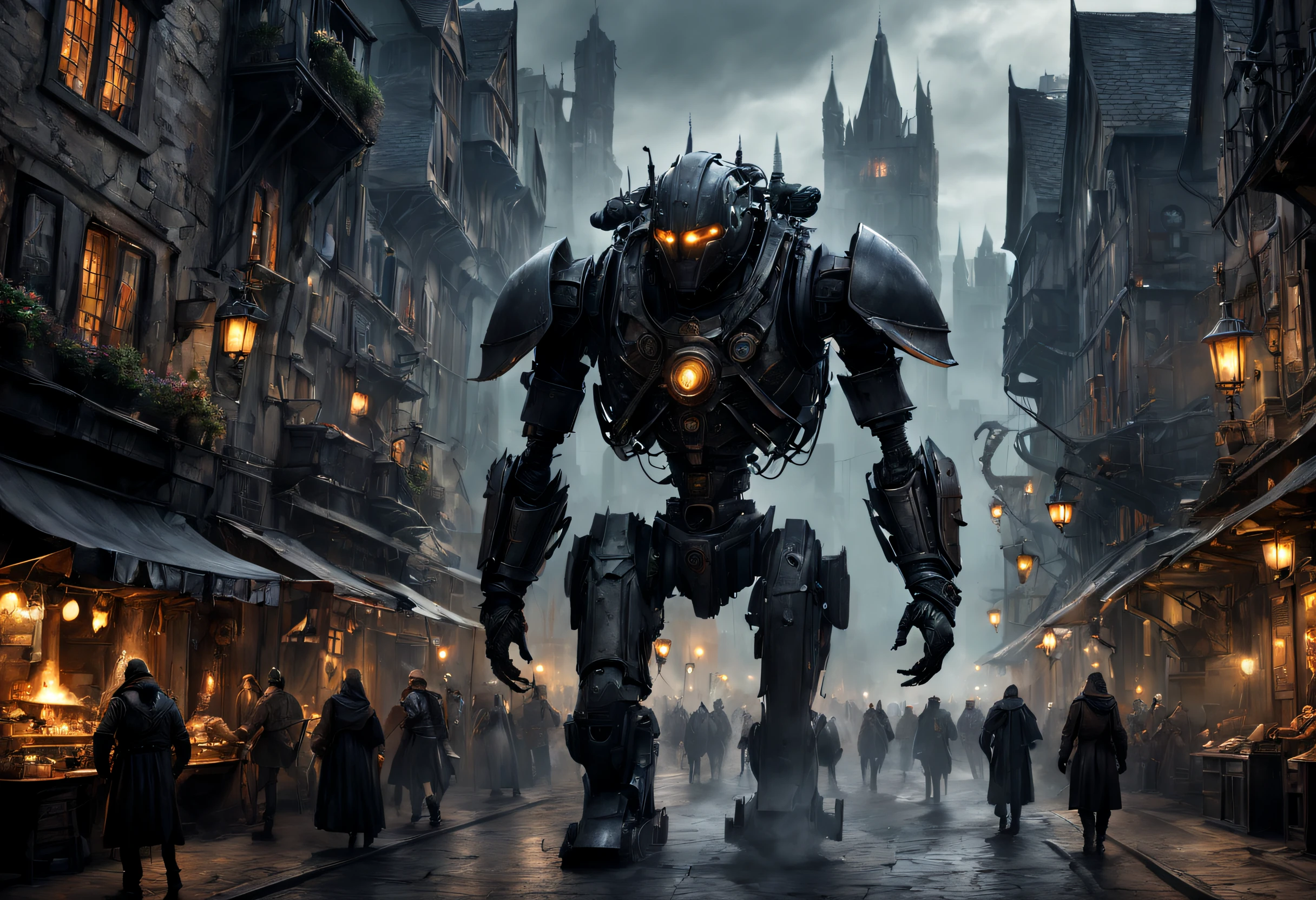 best quality,ultra-detailed,realistic,cyborgs:1.1,medieval town,group of cyborgs,mixture of human and machine,exoskeleton:1.1,advanced technology:dystopian,ancient architecture,stone paved streets,narrow alleyways,gothic buildings,wooden beams and carvings,iron wrought fences,lush greenery,medieval market stalls,bustling crowd,flickering torches,dark and moody lighting,ominous atmosphere,mechanical limbs and enhancements,illuminated cybernetic eyes,powerful exoskeletons,cyberpunk aesthetics,steam rising from vents and machines,gritty and worn textures,threatening presence,blurring the line between man and machine,imposing and towering structures,medieval banners and flags flapping in the wind,uneasy coexistence of the past and the future,ambient sounds of clanking metal,mysterious energy pulses,echoing footsteps,cityscape with towering walls,mechanical noises coming from the cyborgs,clattering armor,strong and confident stride,overcast sky casting dark shadows,imminent conflict and tension,mystical elements subtly intertwined with technological advancements