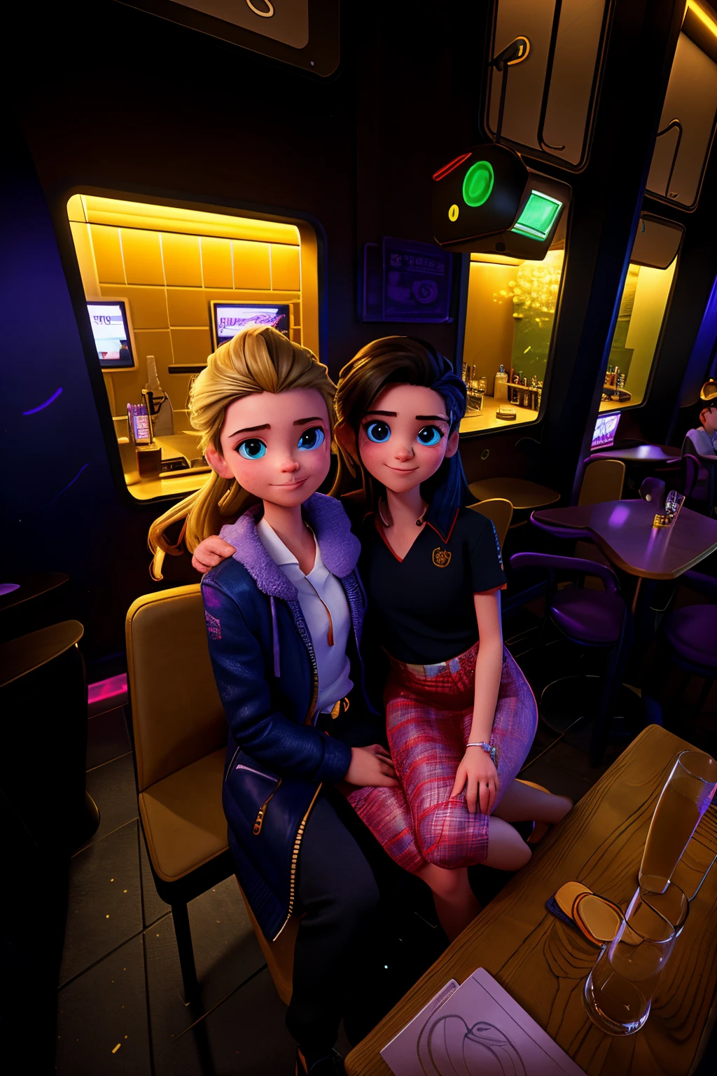 They are sitting at a table in a restaurant with a violet light, en una discoteca, Jordan Grimmer y Natasha Tan, en un bar, Chillin en el club juntos, en un bar, Foto tomada en 2 0 2 0, Sentado en un bar, 8k selfie photograph, en Future Neon Light Rooftop, Foto de baja calidad, Tyler Edlin y Natasha Tan
