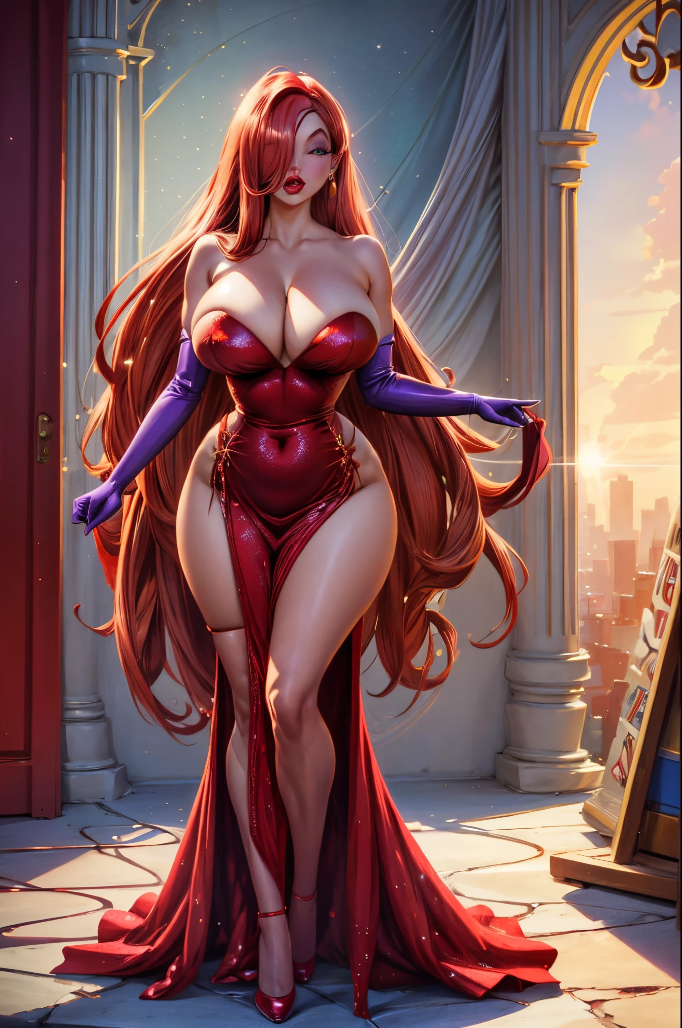 CARTOON_jessica_rabbit_aiwaifu,hair over one eye,red hair,narrow waist,elbow gloves,purple gloves,very long hair,big hair,tall female,toned,makeup,dress,lipstick,bare shoulders,large breasts,cleavage,red dress,strapless,eyeshadow,strapless dress,side slit,jewelry,earrings,green eyes,thighs,huge breasts,red lips,lips,curvy,thick thighs,long dress,cocktail dress,wide hips,pantyhose,thighhighs,collarbone,long legs,one eye covered,smoking,smoke,cigarette,official art,extremely detailed CG unity 8k wallpaper,perfect lighting,Colorful,Bright_Front_face_Lighting,shiny skin,(masterpiece:1),(best_quality:1),ultra high res,4K,ultra-detailed,photography,8K,HDR,highres,(absurdres:1.2),Kodak portra 400,film grain,blurry background,(bokeh:1.2),lens flare,(vibrant_color:1.2),professional photograph,(beautiful_face:1.5),CARTOON_jessica_rabbit_aiwaifu,