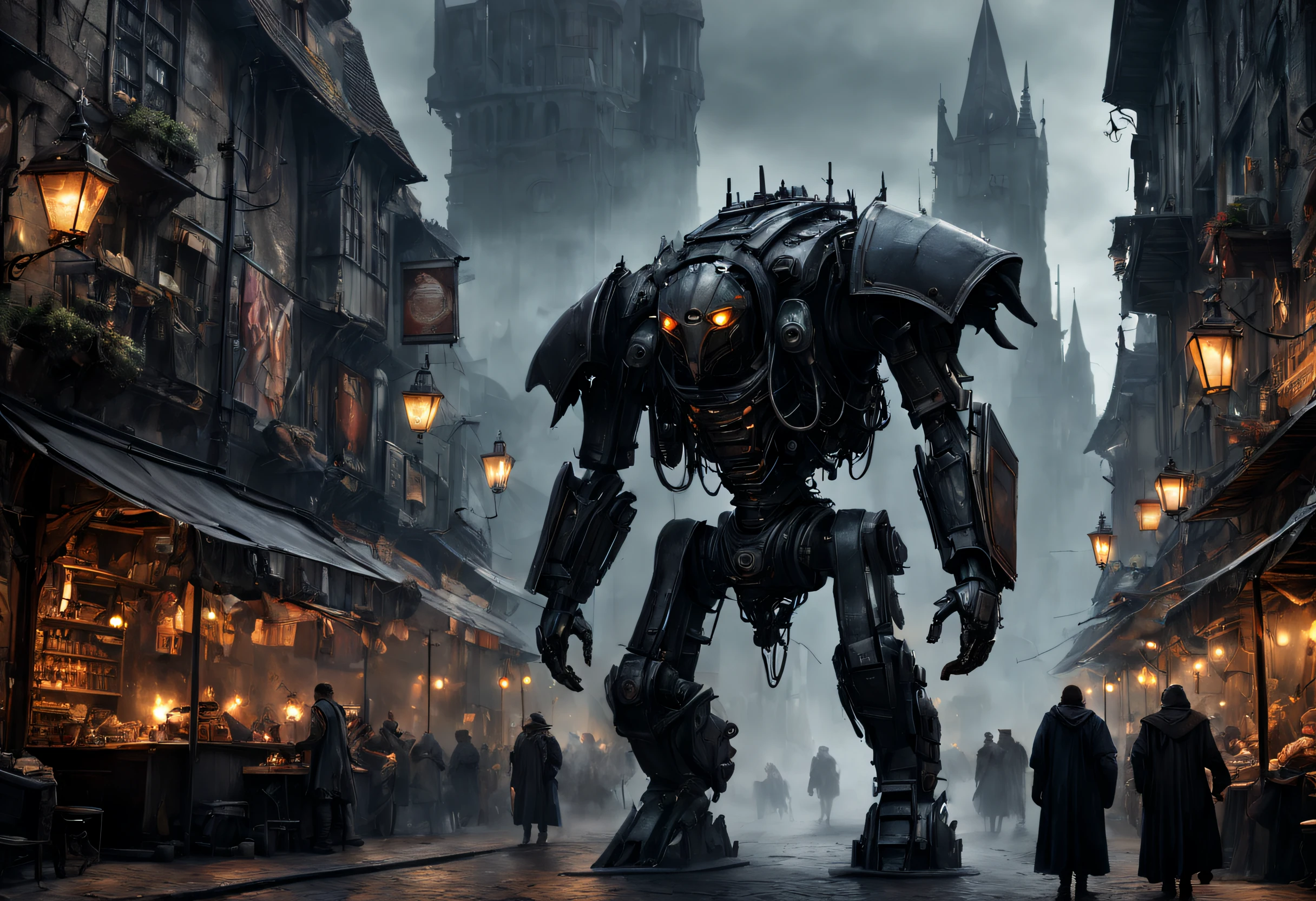 best quality,ultra-detailed,realistic,cyborgs:1.1,medieval town,group of cyborgs,mixture of human and machine,exoskeleton:1.1,advanced technology:dystopian,ancient architecture,stone paved streets,narrow alleyways,gothic buildings,wooden beams and carvings,iron wrought fences,lush greenery,medieval market stalls,bustling crowd,flickering torches,dark and moody lighting,ominous atmosphere,mechanical limbs and enhancements,illuminated cybernetic eyes,powerful exoskeletons,cyberpunk aesthetics,steam rising from vents and machines,gritty and worn textures,threatening presence,blurring the line between man and machine,imposing and towering structures,medieval banners and flags flapping in the wind,uneasy coexistence of the past and the future,ambient sounds of clanking metal,mysterious energy pulses,echoing footsteps,cityscape with towering walls,mechanical noises coming from the cyborgs,clattering armor,strong and confident stride,overcast sky casting dark shadows,imminent conflict and tension,mystical elements subtly intertwined with technological advancements