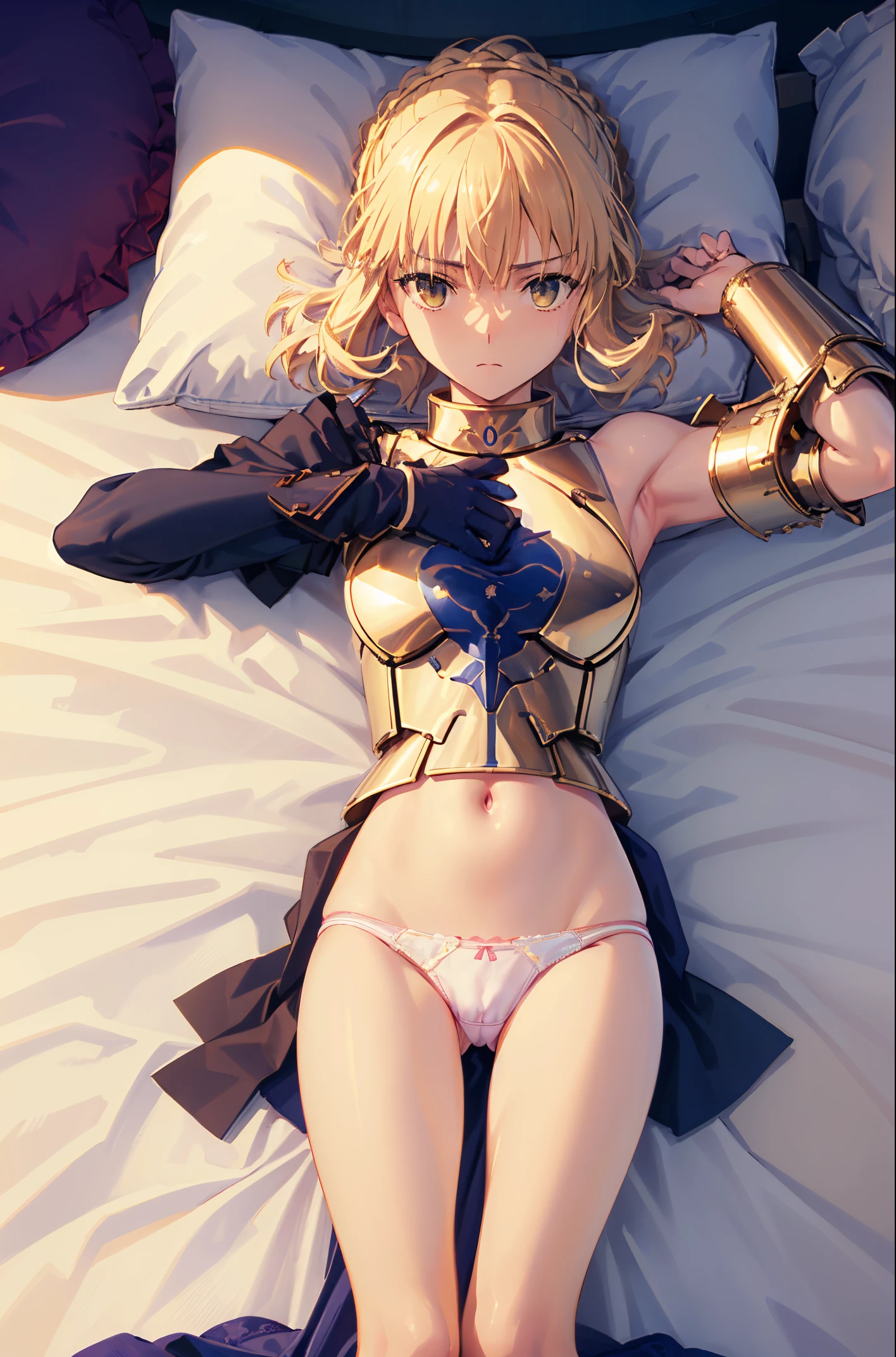 Best Quality, masutepiece,Saber, Faltria, 1girl in, Solo, armor,  Armored dress, blazing, gauntlets, Holding, breastplates, Hair bun,  full bodyesbian, legs are open, undergarment:only panties,   Panty Pose, (Fully exposed panties:1.5)、 (Panties:1.3), (lying on back, head on pillow:1.6), ( closed legs:1.2),
(lower body, looking at viewer :1.4),