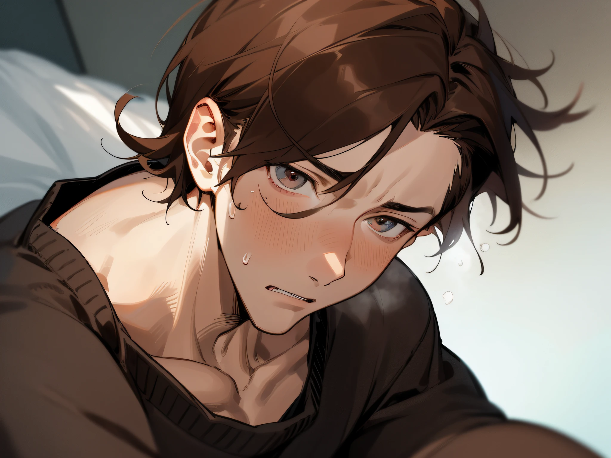 close up,matured male,sharp nose,26 year old,1 male,Guy,Adults,Angle from below,Push your audience down,Brown hair、Black sweater,eyes are brown,Sweating,Impatient expression,Background Hotel,a bed,