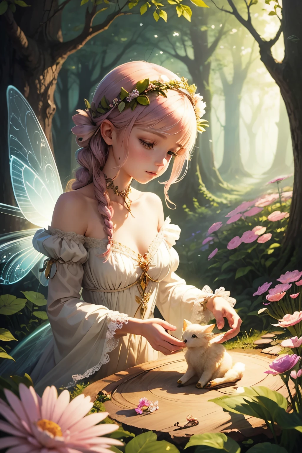 Illustration of Seraphina, a radiant fairy with delicate wings sparkling like morning dew.
Seraphina tending to enchanted flowers and befriending woodland creatures.