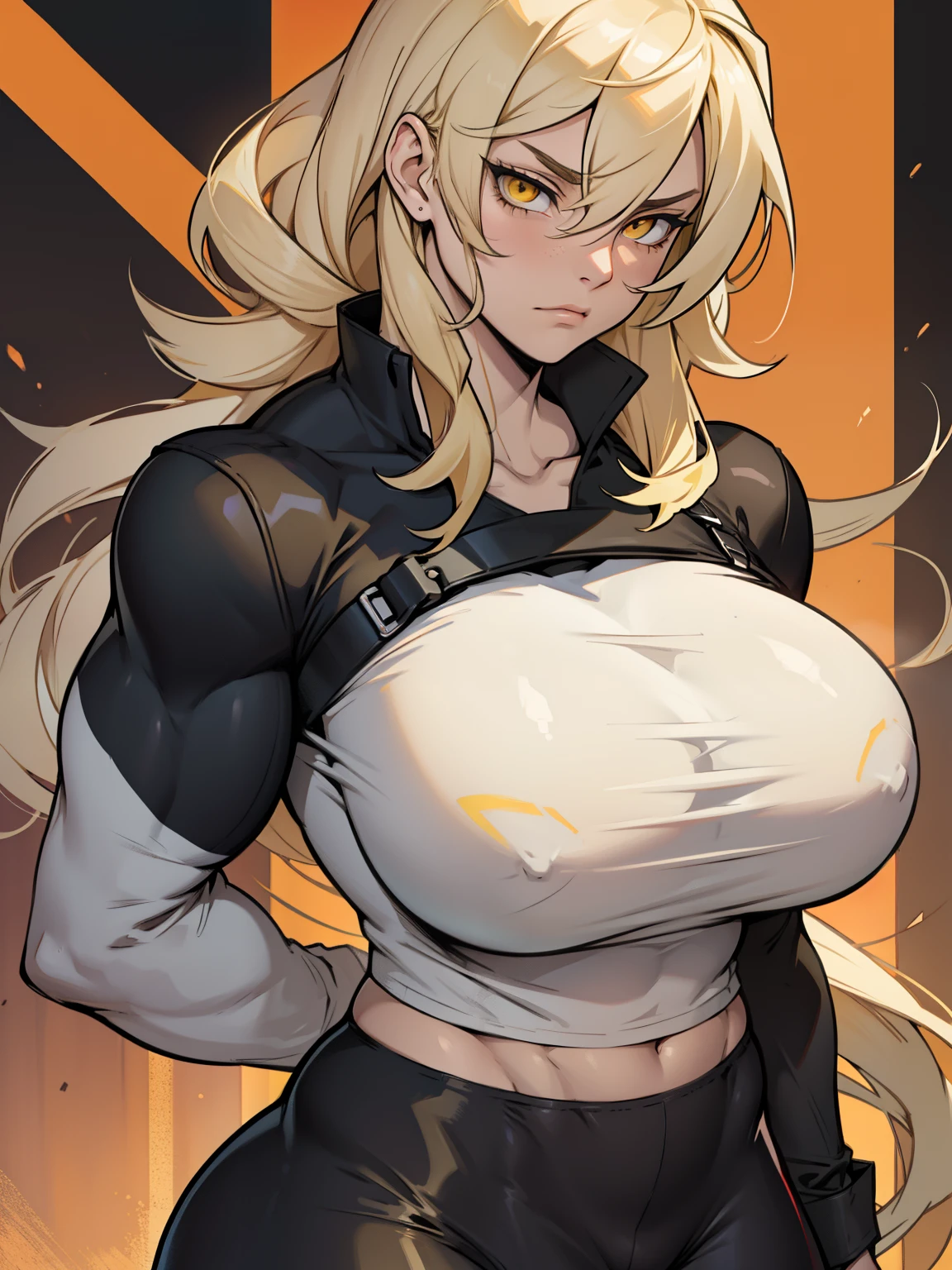 girl muscles huge breasts black long hair yellow eyes pale skin thick toned body muscular long sleeve tight shirt solo solo sad sad muscular muscular