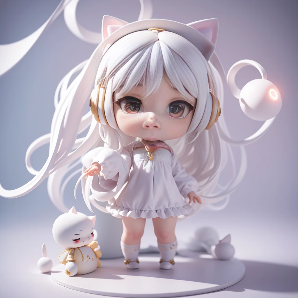 masterpiece, bestquality, lots of details, (Full body:1.2), chibi, 1 cat girl, White Hair, magic suit, Light headphones, 3D rendering, Q typing style