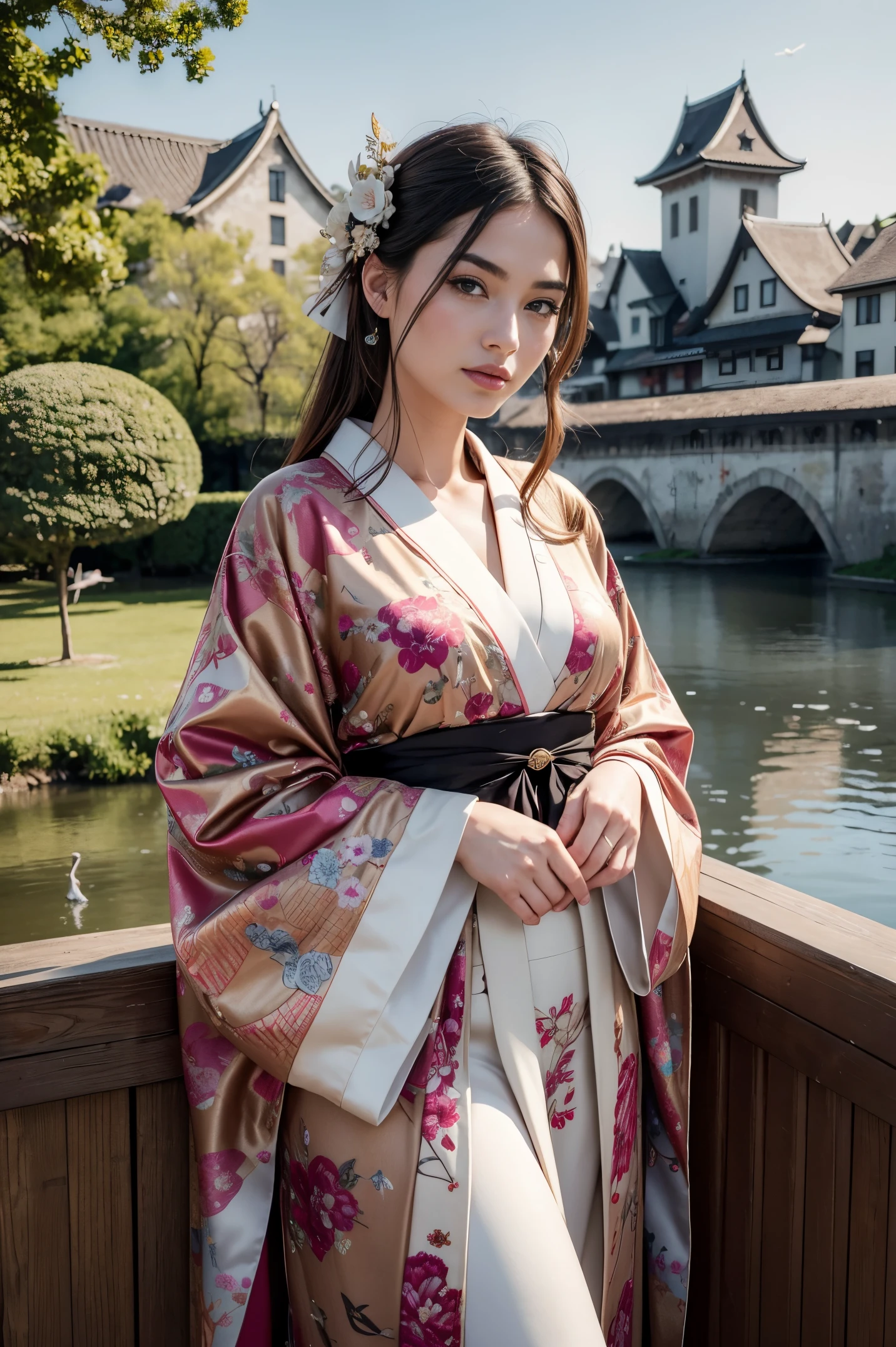 Best Quality, masterpiece, high resolution, (Photorealistic:1.4), Raw photo, 1 gorgeous european woman, Beauty in kimono with a crane pattern, gros-plan, Looking at Viewer, castle town, Upstyle, Hair Ornament,Beautiful photos,is beautiful,fullbody image,