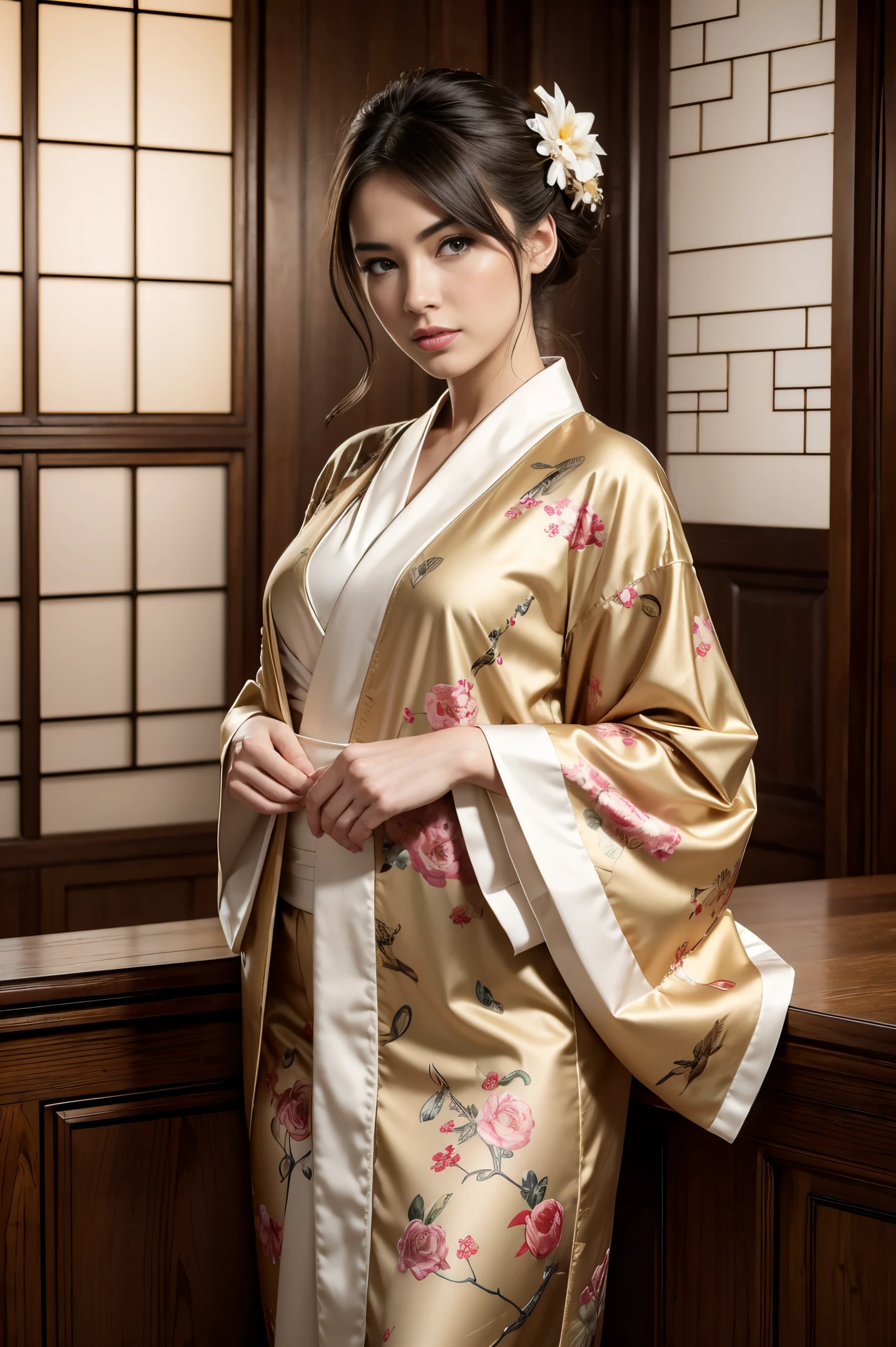 Best Quality, masterpiece, high resolution, (Photorealistic:1.4), Raw photo, 1 gorgeous european woman, Beauty in kimono with a crane pattern, gros-plan, Looking at Viewer, castle town, Upstyle, Hair Ornament,Beautiful photos,is beautiful,fullbody image,
